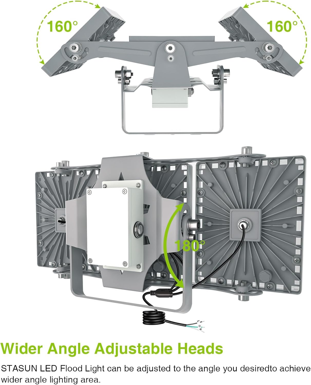 Adjustable heads of the STASUN LED Flood Light, showing 160-degree and 180-degree pivot.