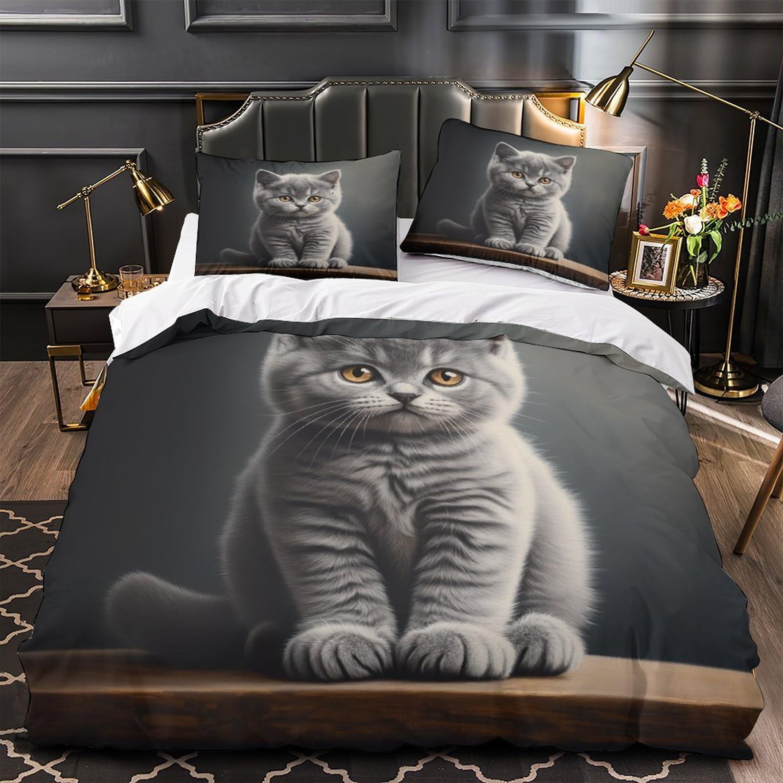 Housse de couette chaton gris anti-plis en microfibre drap de couette respirant