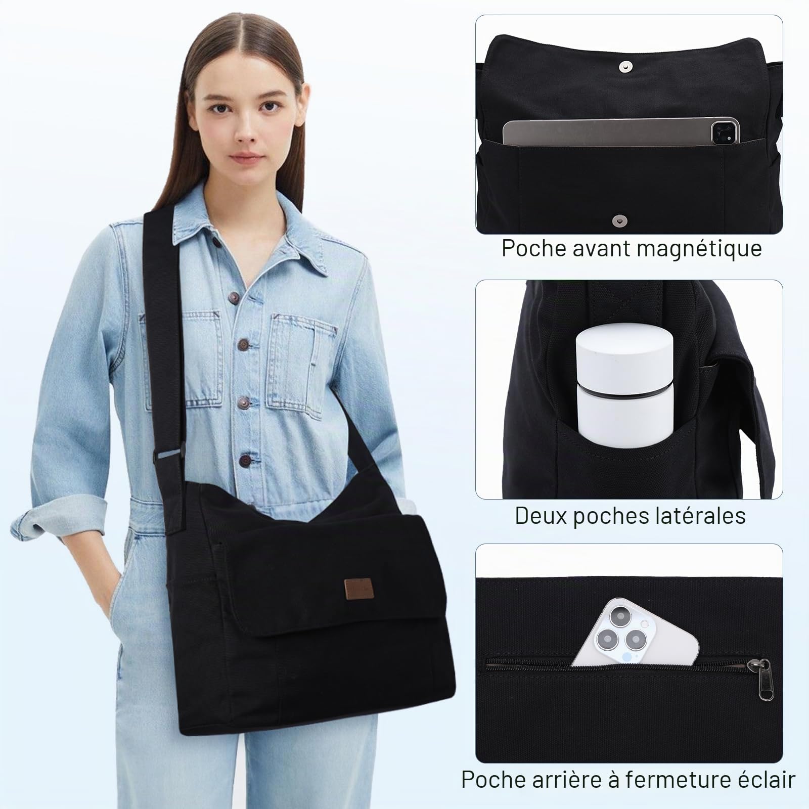 Chase Chic Toile Sac Bandoulière Femme Homme,Sacoche Messager pour Ordinateur Portable 15.6",Sacs Besace pour Travail Ecole