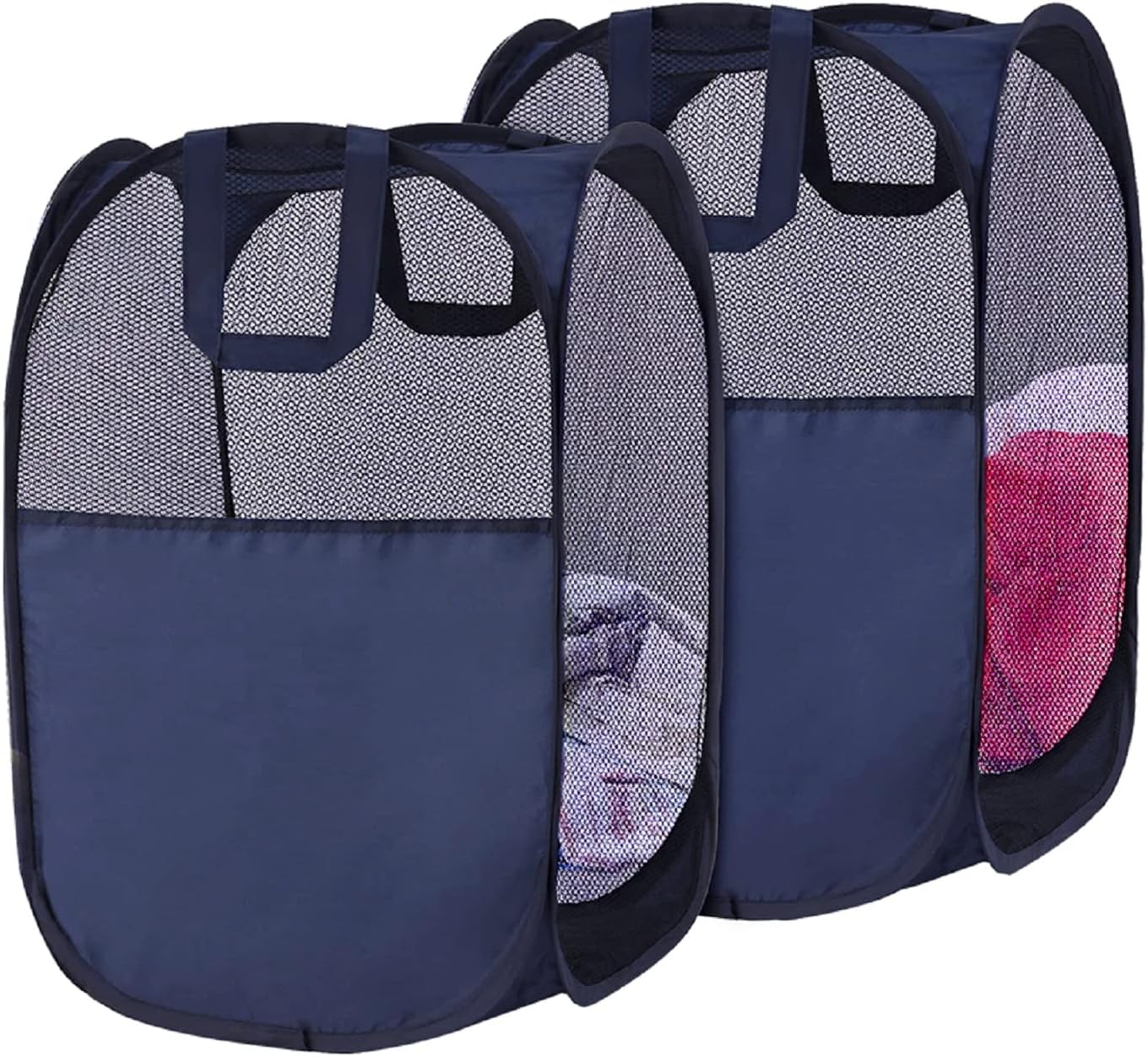 SUPNFOX 2Pack Mesh Collapsible Laundry Baskets, Pop up Laundry Hamper Bins,Folding Washing Basket with Handles for Clothes Tidy Storage-Navy