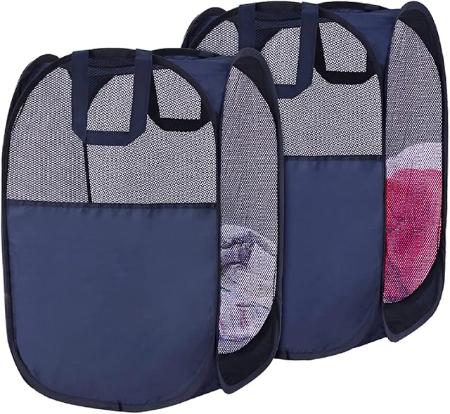 SYVOFOX 2 Pack Mesh Collapsible Laundry Baskets, Pop up Laundry Hamper Bins, Folding Washing Basket with Handles for Clothes Tidy Storage-Navy
