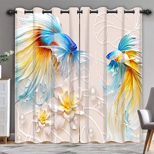 Miniatura 2 de Renaiss Cortinas opacas 3D Goldfish de 42 pulgadas de ancho x 96 pulgadas de alto, juego de 2 paneles de cortinas orientales con diseño de pez