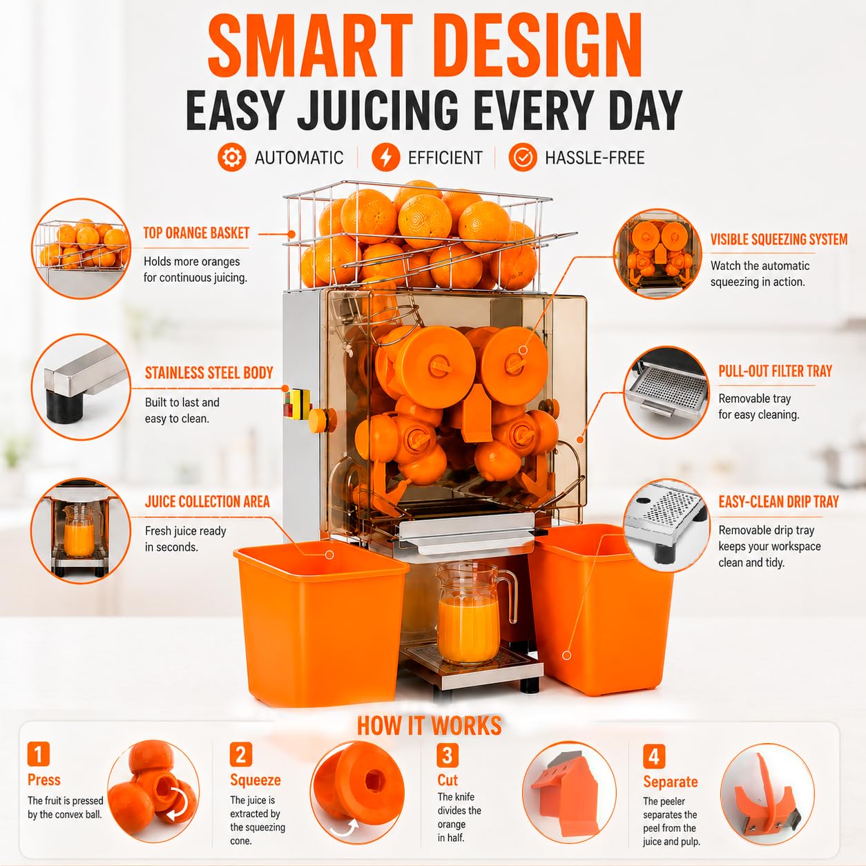 MAGIC SELECT Exprimidor de Naranjas Automático Profesional Hostelería | Máquina de Zumo Industrial, 120W, 20 Naranjas/min, Acero Inoxidable y Doble Cubo, Para Bar y Restaurante