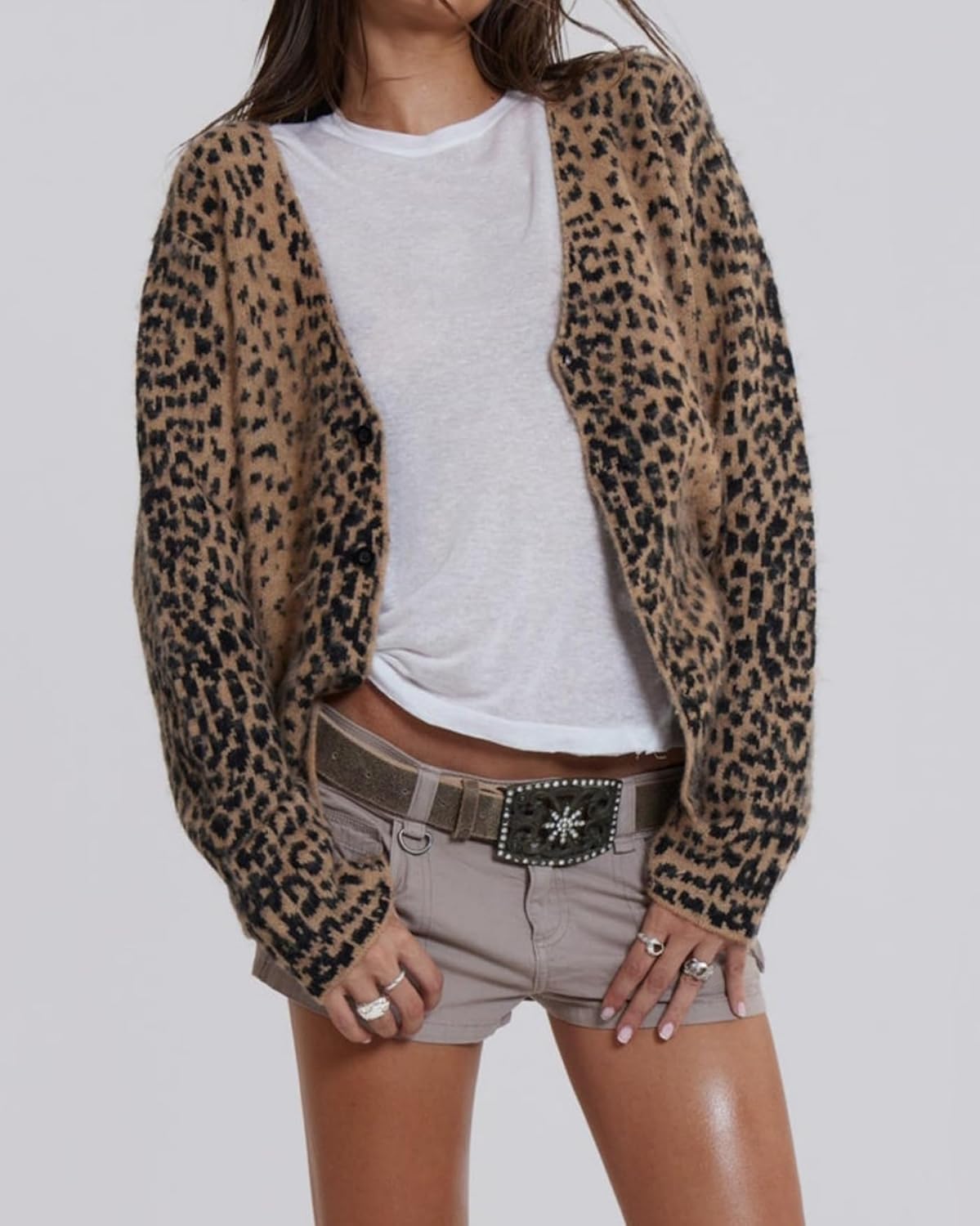 Women Leopard Print Long Sleeve V Neck Button Down Sweater Cardigan Casual Knit Lightweight Fall Winter Outwear Tops - Image 3