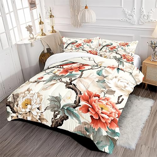 Miniatura 4 de Juego de edredón con diseño floral de pájaros, tamaño individual, juego de ropa de cama vintage con flores rojas y beige, juego de ropa de cama