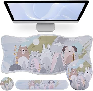 Large Desk Mat Wrist Support Set - 4 in 1 Ergonomic Hand Rest Wrist Cushion Non-Slip Desk Protector Unique Shape Table Pad + Keyboard Wrist Rest + Mouse Pad +Coaster Set Blue Cartoon Animal