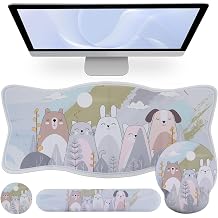 Large Desk Mat Wrist Support Set - 4 in 1 Ergonomic Hand Rest Wrist Cushion Non-Slip Desk Protector Unique Shape Table Pad + Keyboard Wrist Rest + Mouse Pad +Coaster Set Blue Cartoon Animal