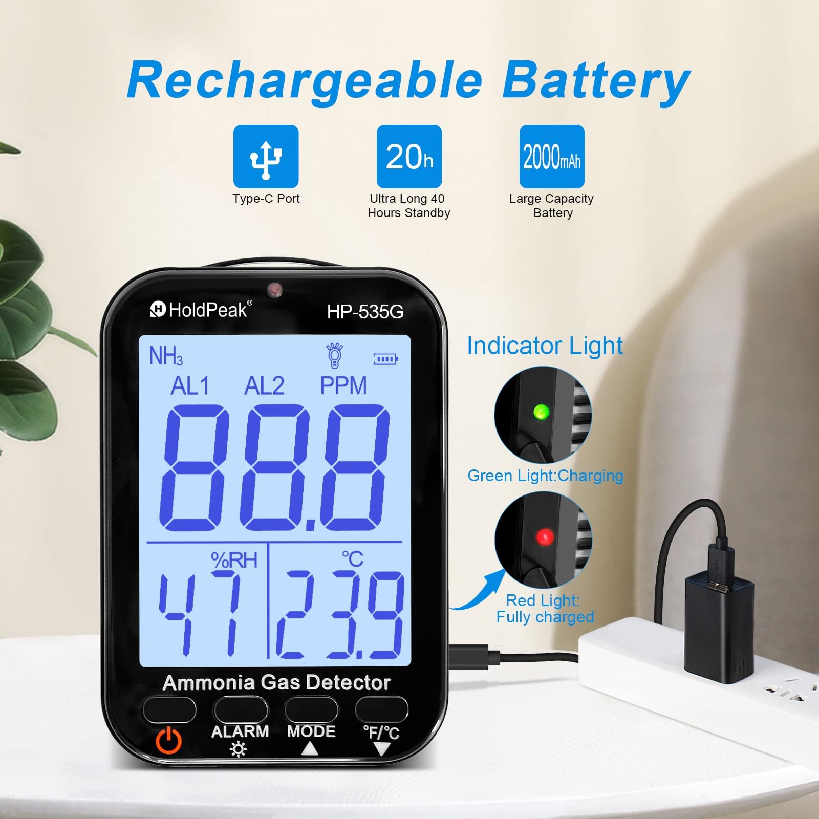 Détecteur de gaz Ammoniac NH3 0~100 PPM, Résolution 0.1 PPM Rechargeable Détecteur Qualité Air pour Température et Humidité, Double Alarme Acoustique et Optique, pour la Ferme/Produits Chimiques