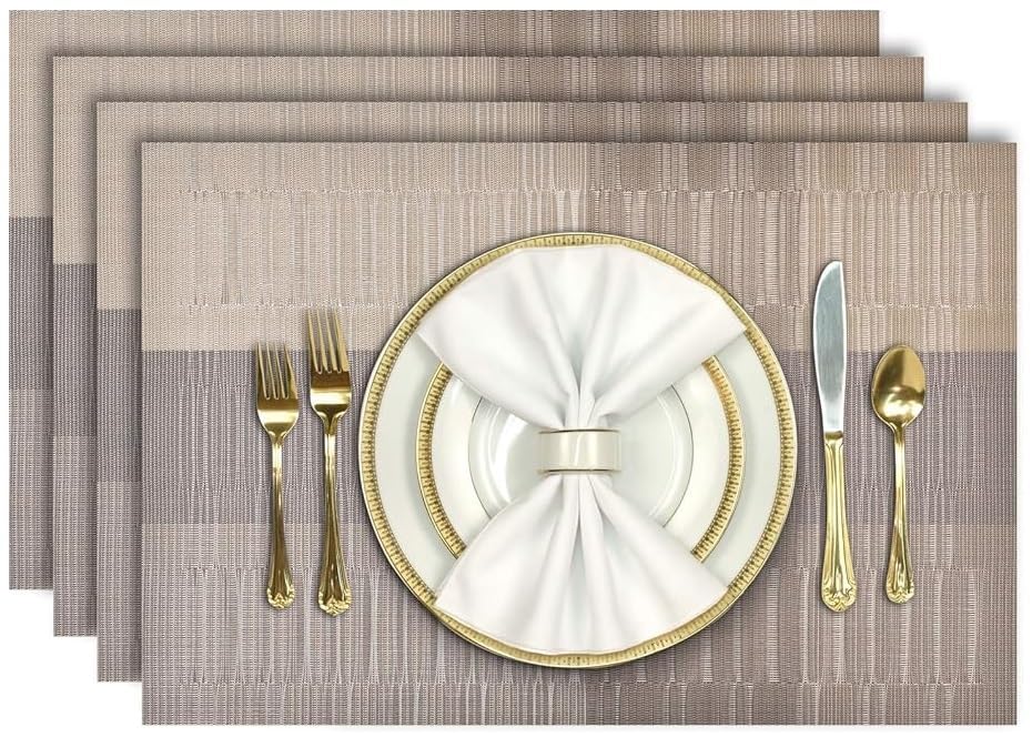 Image of GDNK Washable PVC Heat Resistant Colorful Place Mats for Kitchen Dining Table Mates Washable Heat-Resistant for Dining Table (4 Pack) (Brown & Gold)