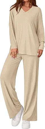 PRETTYGARDEN 2 Piece Lounge Sets for Women Fall Outfits 2025 Casual Loose Long Sleeve Tops Wide Leg Pants Matching Pajama Set