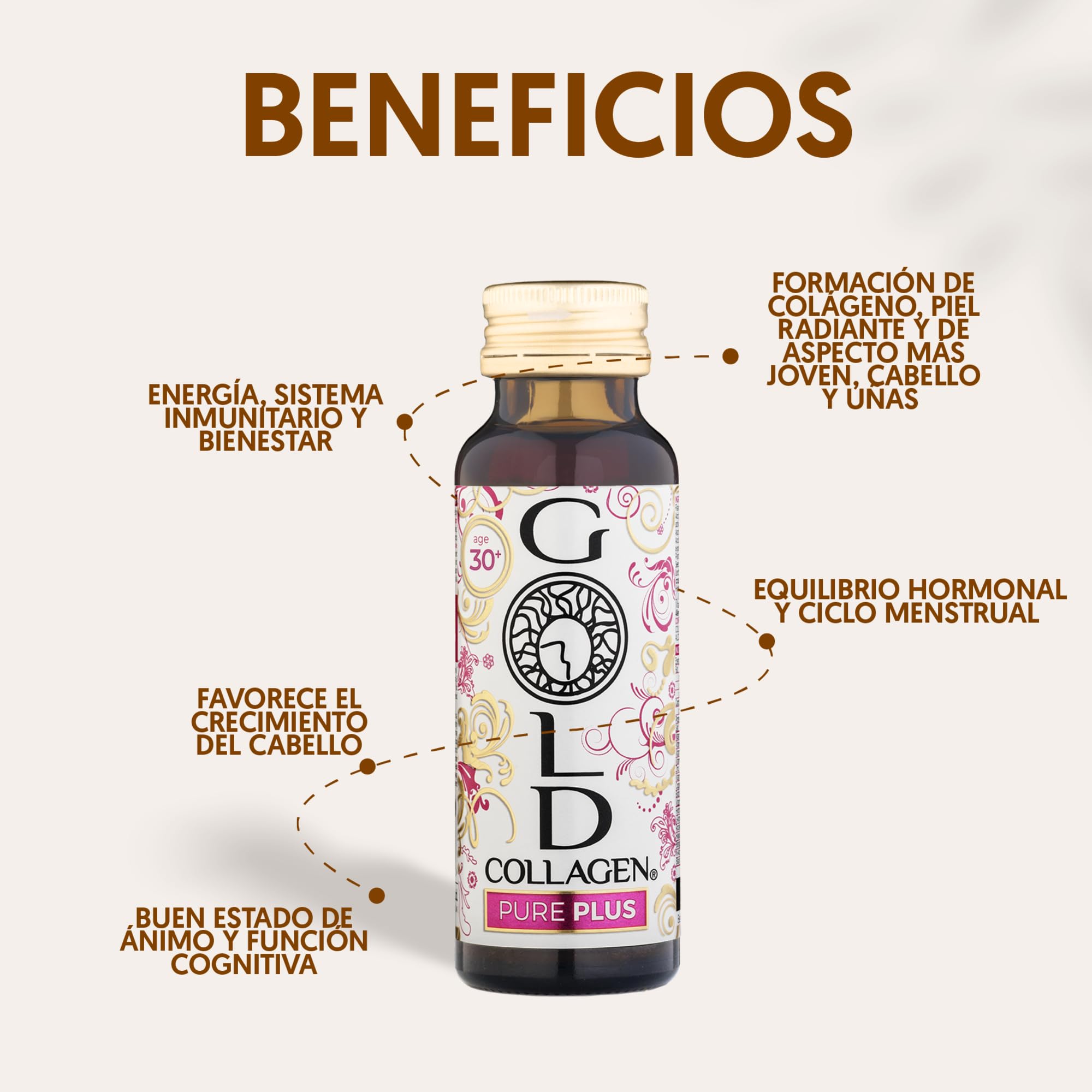 GOLD COLLAGEN Pure Plus - Complemento de Colágeno Marino Hidrolizado, Biotina para el Cabello Piel y Uñas Equilibrio Hormonal e Inmunitario con Vitamina C y Ácido Hialurónico 1 Caja 10 Botellitas 50ml