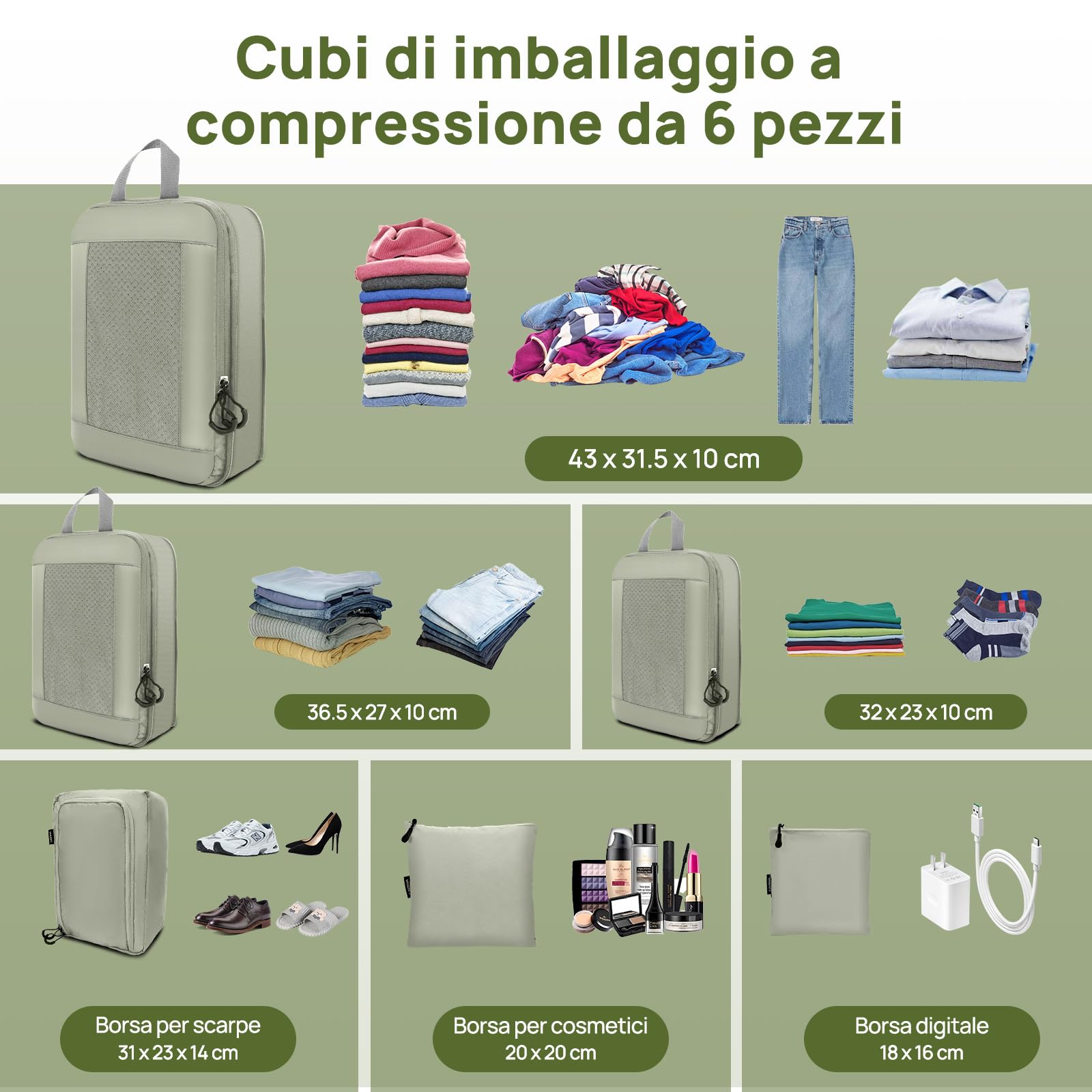 Organizer Valigia Salvaspazio Viaggio Set, Impermeabile Espandibile Ultraleggero Compressione Packing Cubes, Organizzatori Valigia, Organizer Zaino Viaggio (Grigio Chiaro, 6 pezzi)