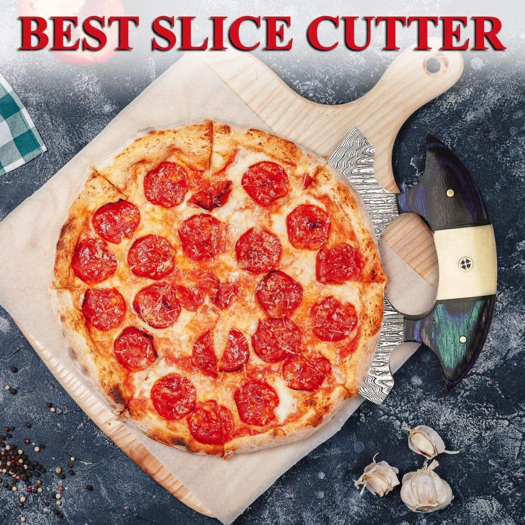 Custom Handmade Damascus Steel Ulu Knife - Alaskan Ulu Knife With Leather Sheath - Multi-Purpose Alaska Knives For Pizza cutting, Skinning, Chopping,Rocking, Mincing, Slicing, Meat & Herb - Bone with pakkawood Handle - Image 6