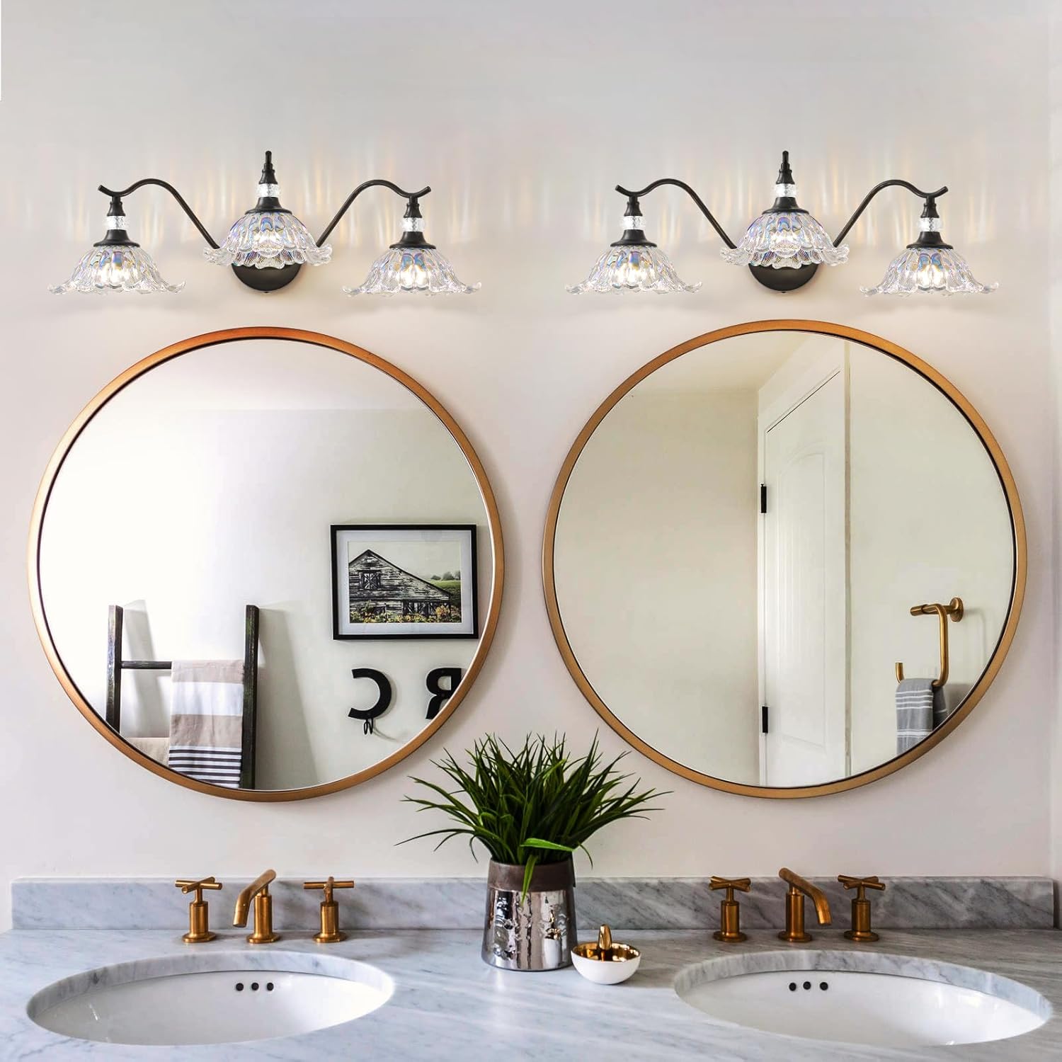 Vintage Bathroom Vanity Light Fixtures - 3 Light Iridescent Flower Glass Antique Matte Black Bathroom Lights Fixture Over Mirror,Retro High End Wall Mounted Vanity Lighting for Bath Powder Room