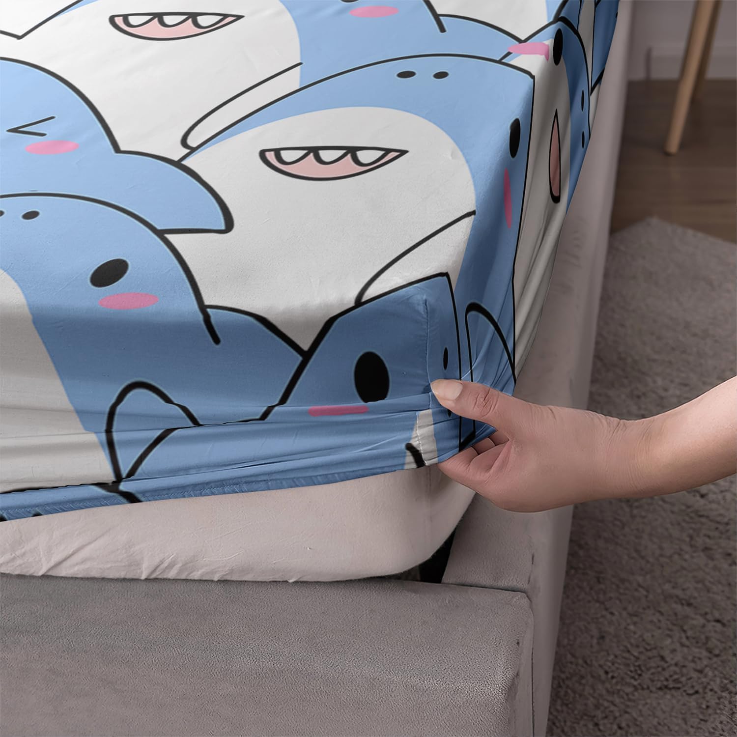 AILONEN Soft Cartoon Shark Lightweight Microfiber 3-Piece Sheet Set Queen Size,Blue Shark Bed Sheets Set,Lovely Sea Animal Deep Pockets with 2 Pillowcase for Cat Lover Bedroom Decor,Soft Microfiber