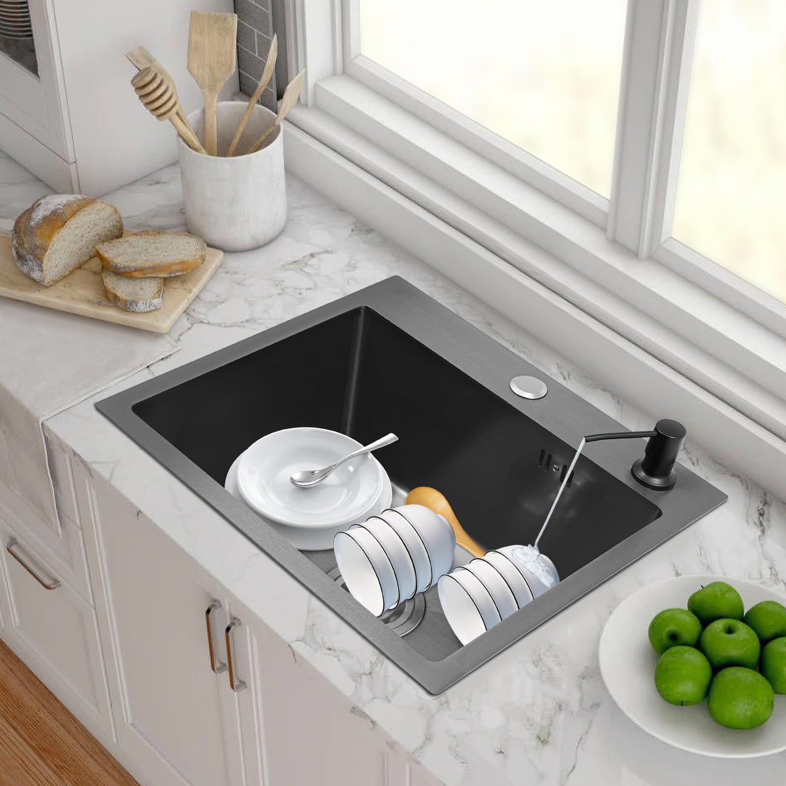 Fregadero de cocina negro, 1 lavabo, fregadero empotrable, rectangular, fregadero de cocina, fregadero pequeño, fregadero de acero inoxidable con escurridor, dispensador de jabón