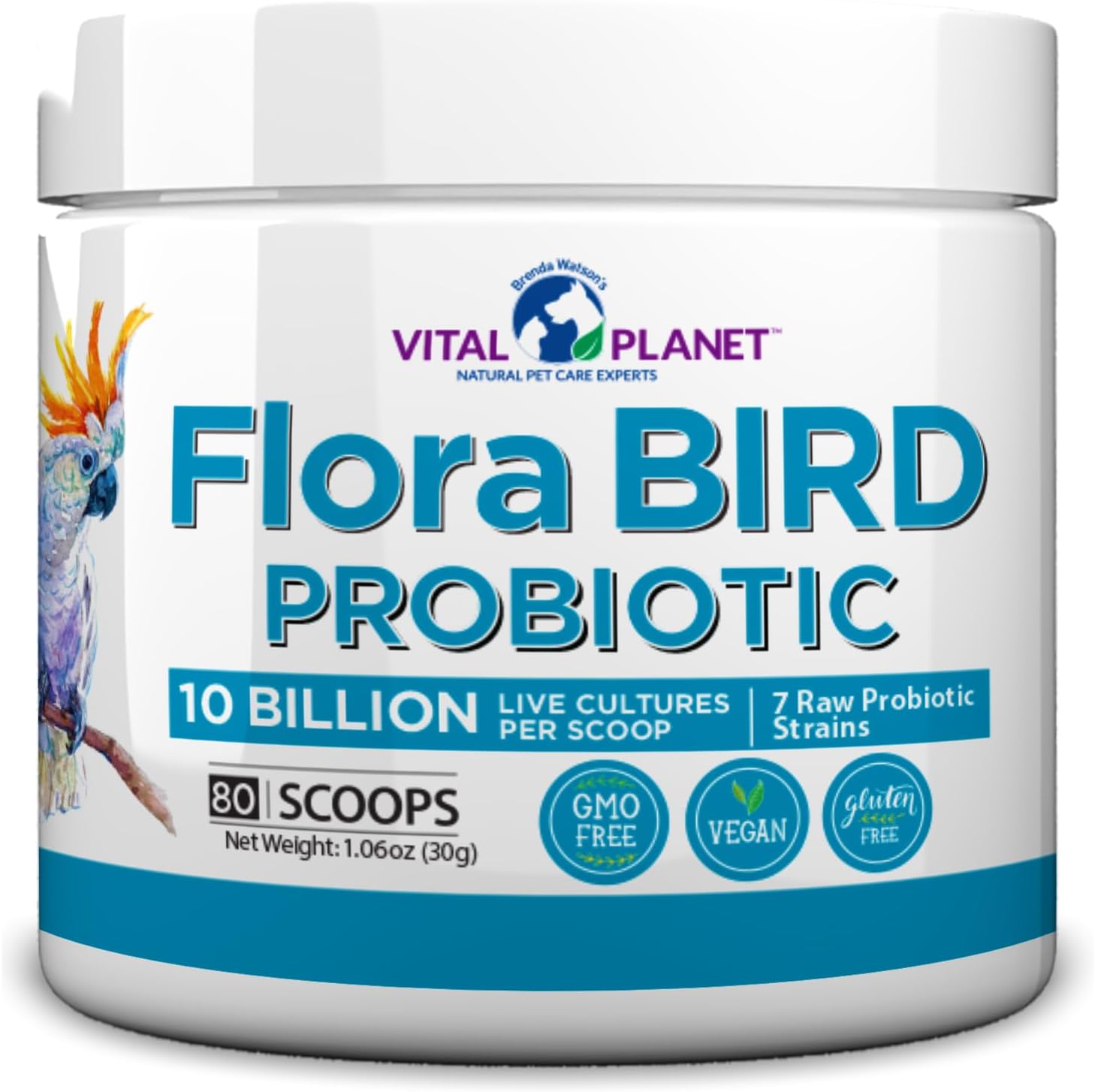 Flora Bird Probiotic Powder Supplement with 10 Billion Cultures and 7 Diverse Strains, High Potency Probiotics for All Birds for Avian Digestive and Immune Support 80 Scoops 1.06 oz