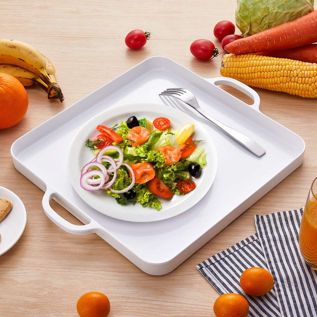 i BKGOO Foodservice White Plastic Tray with Handle Set of 2 Large Melamine Cube Serving Platters for Parties, Table, Kitchen Size(12.5"x12.5"x1")