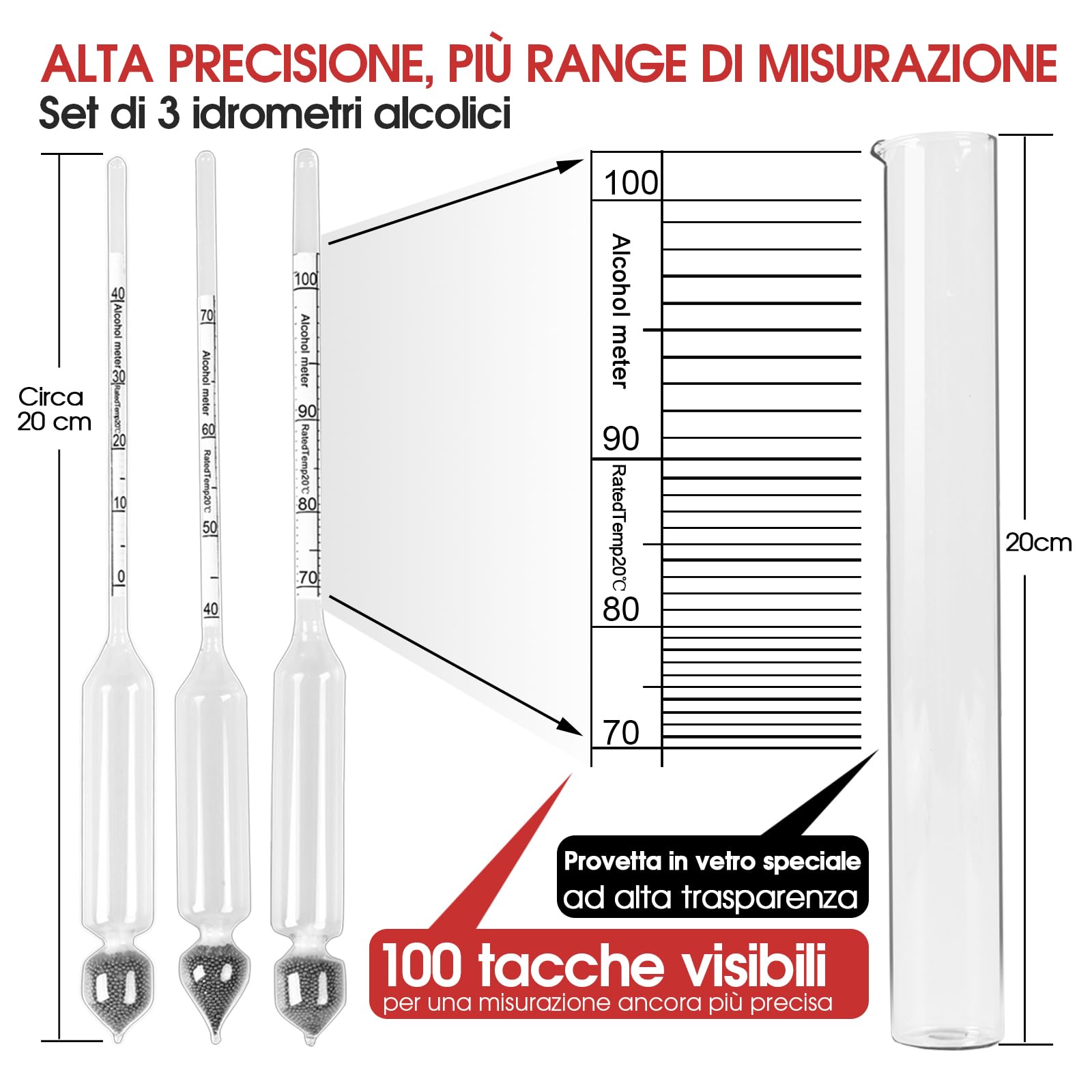 alcolometro 3 Pezzi 0-40 40-70 70-100Vol% di idrometro Alcoholmeter Tester Set Alcohol Vinometer + Cilindro in Vetro Trasparente Alto, per Grappa, Distillati,Whisky, Brandy, Wodka, Spirito