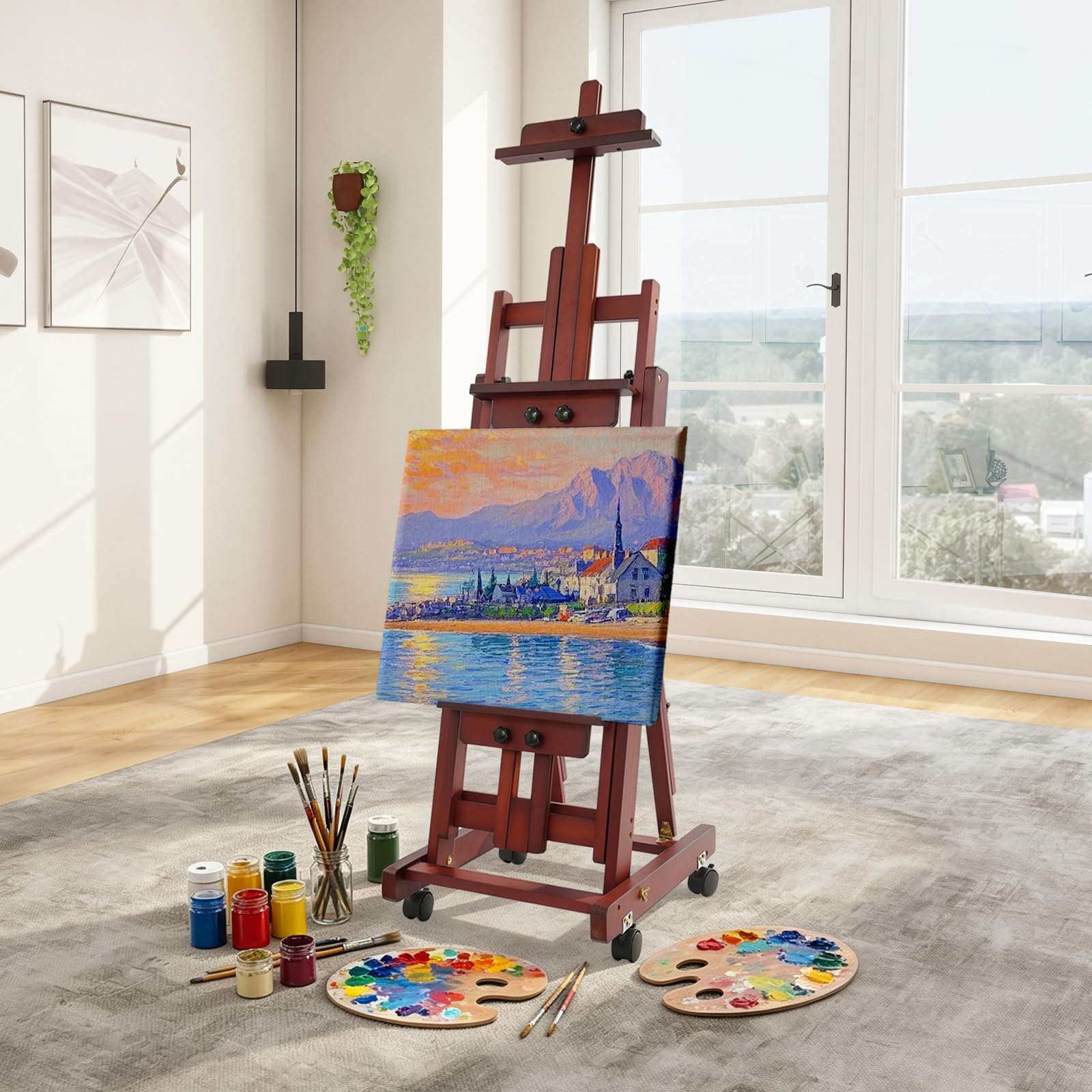 Caballete de estudio versátil con marco en H, altura ajustable de 53,15 a 94,49 pulgadas, con ruedas para pintura y visualización, caballete de madera grande para pintura 50 x 43 x 135-240 cm