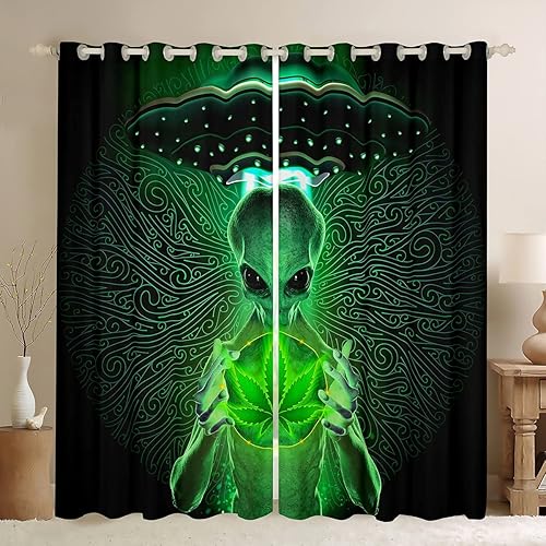 Erosebridal Trippy - Cortinas de extraterrestres de marihuana verde cortinas opacas modernas psicodélicas OVNI para ventana tratamientos geométricos