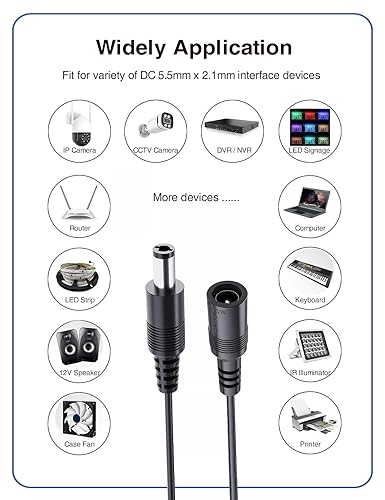 Miniatura 6 de Paquete de 2 cables de extensión de alimentación VOLTKARE de 12 V CC, conectores macho a hembra de 0.217 x 0.083 in, cable adaptador de corriente de