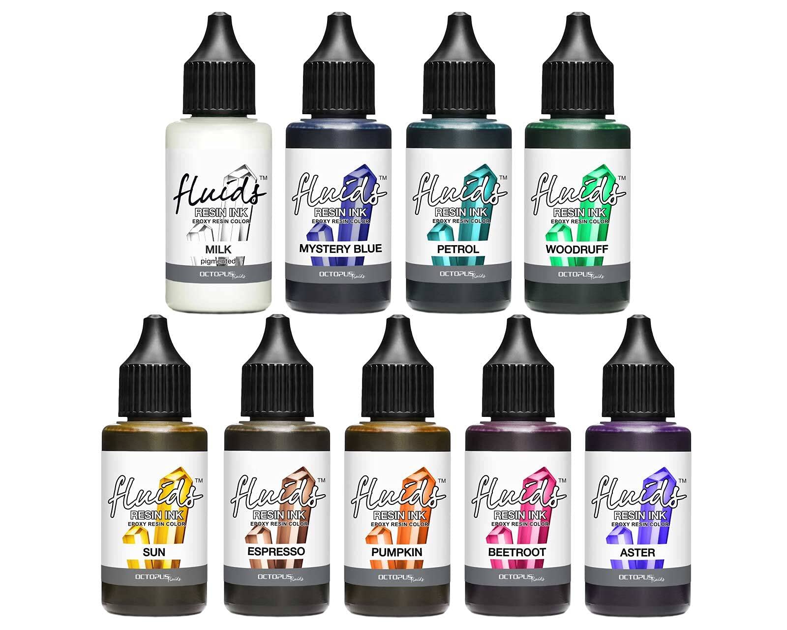 Octopus Fluids Resin Ink Set DARK, Tinta de alcohol para colorear resina epoxi y resina UV, Alcohol Ink para Resin Art, 9x 30 ml