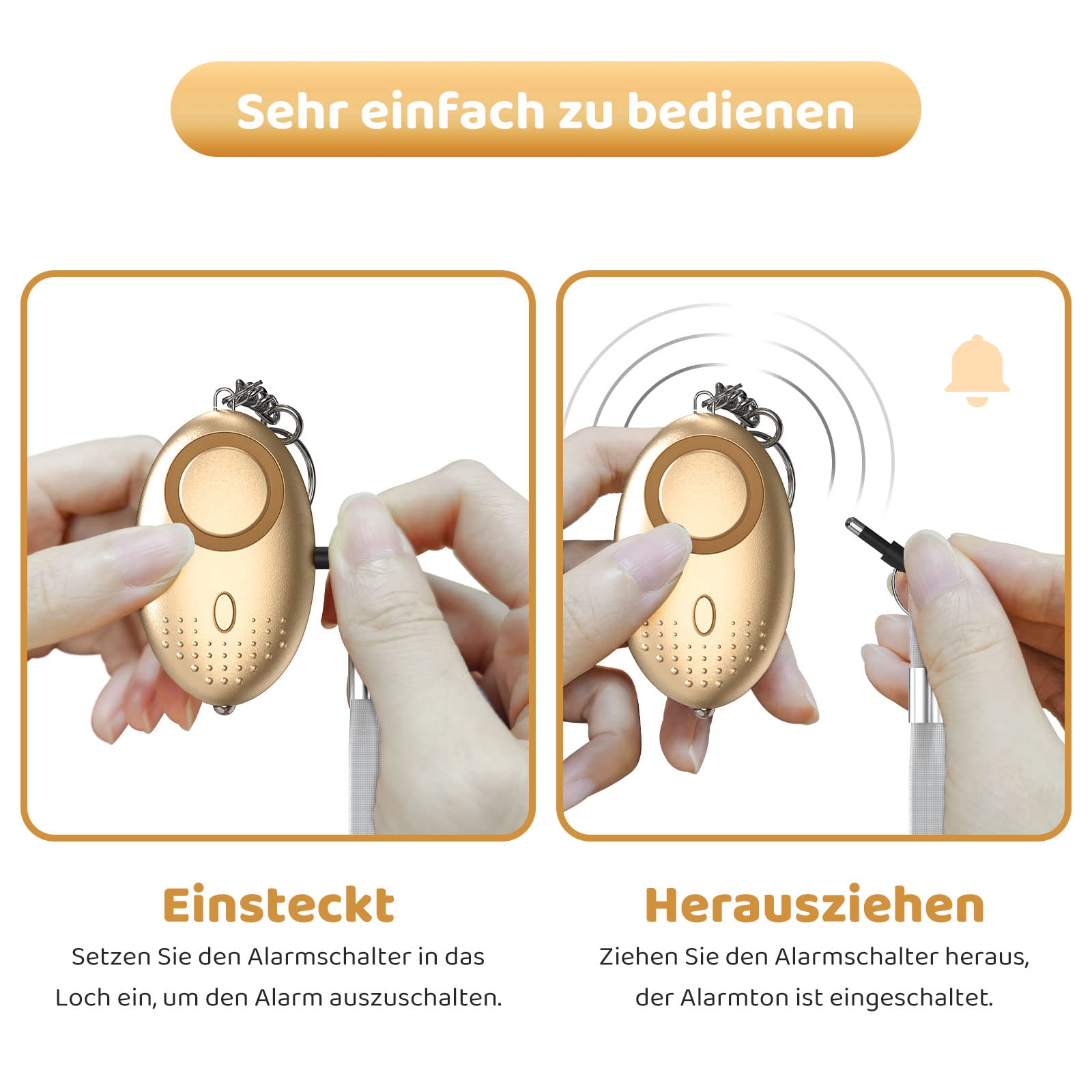 Allarme Personale di Sicurezza di Emergenza - 150dB Sirena Portachiavi Autodifesa di Dispositivo con Torcia LED per Bambini, Donne, Anziani - Molto Forte Suono (Oro)