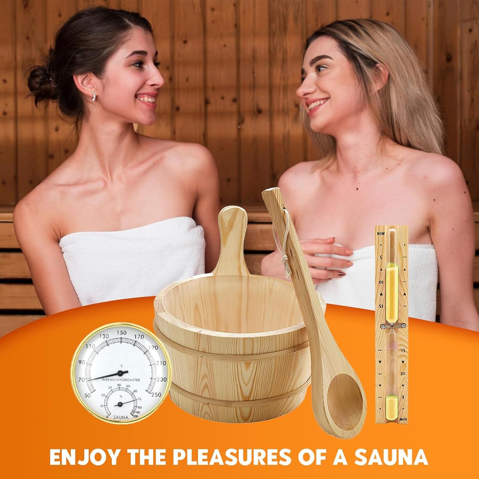 Juego de cubos para sauna (4 litros), cubo de sauna con paleta, cubo de sauna de madera con cucharón, reloj de arena, termo, higrómetro, cubo de sauna resistente al calor, 4 l, incluye inserto