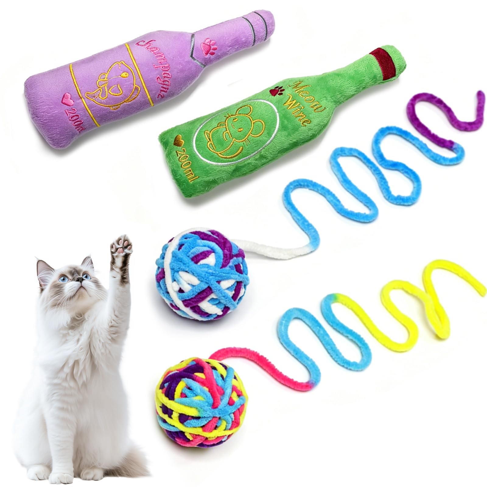 Bestwist Cat Toy Bundle, 2 PCs Beer Bottle Toys with Crinkle Paper and Catnip + 2 PCs Yarn Cat Toys Ball with Bell, Interactive Soft Plush Toy for Boredom Exercise(4-Pack Beer Bottles and Balls)