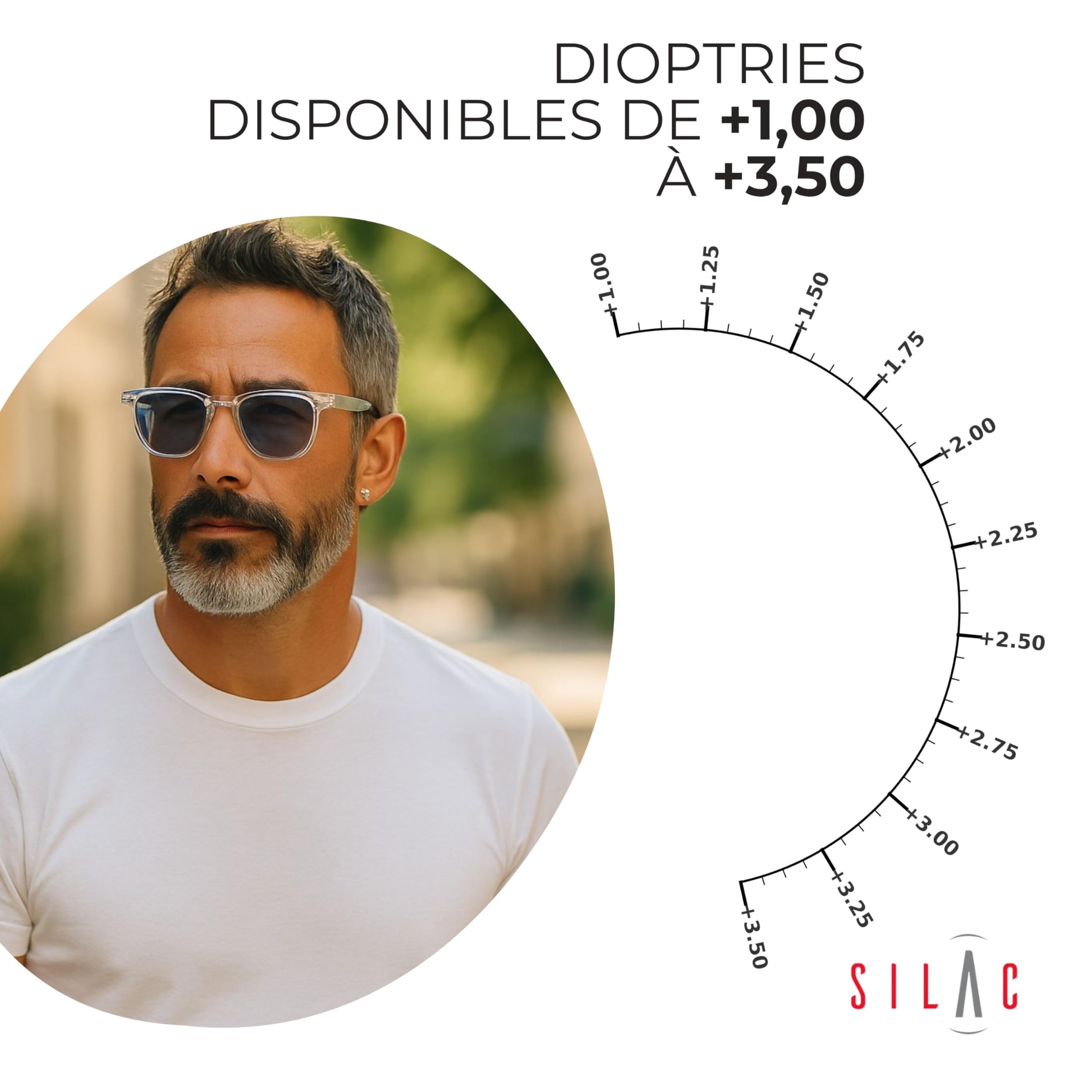 SILAC - 7551 - Lunettes de lecture solaire homme et femme - +1,00 à +3,50 | Monture gris cristal polycarbonate – Verres teintés Cat. 3 UV400 – Branches flex