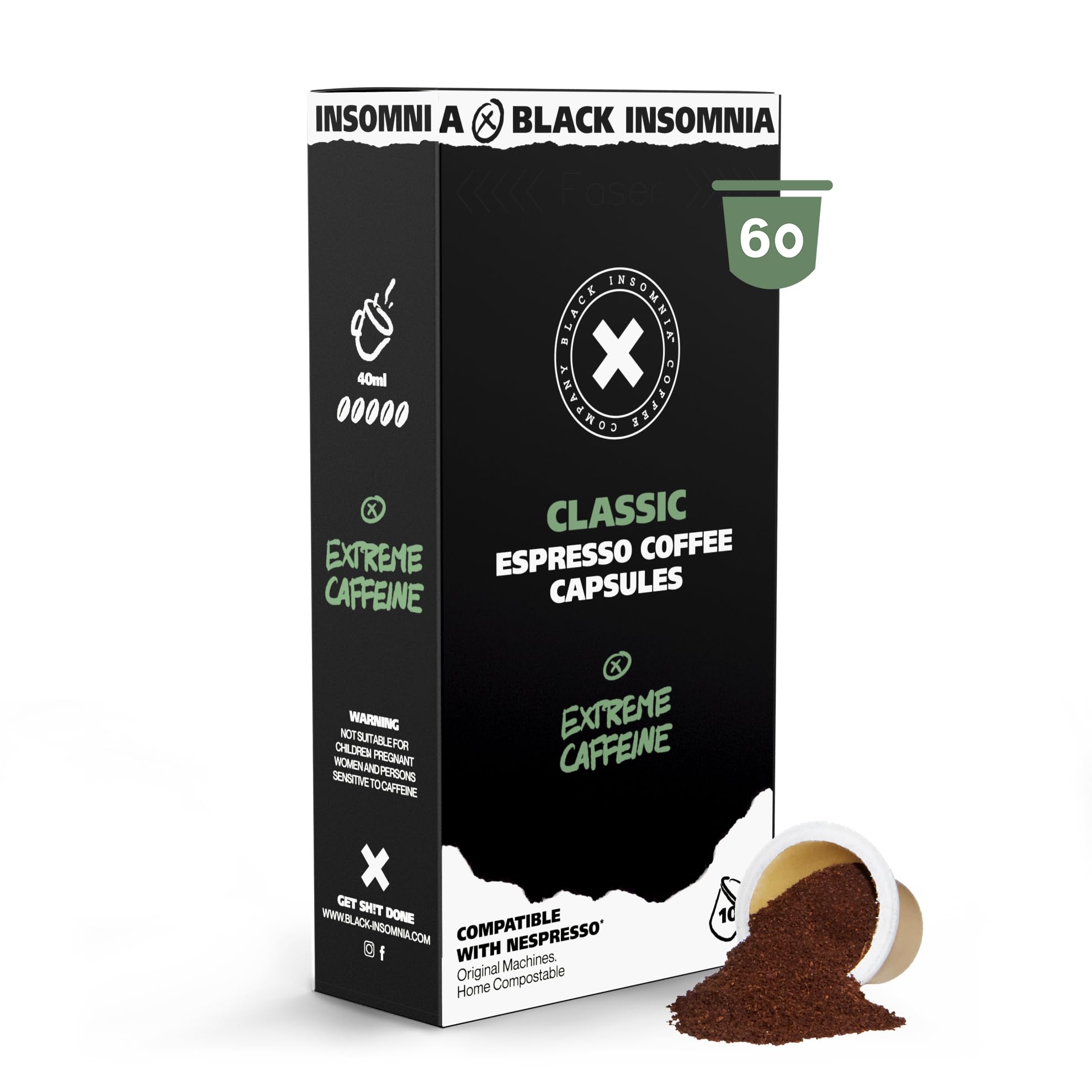 60 Black Insomnia Extra Strong Coffee Pods I Nespresso Compatible I Strongest Coffee Capsules I 1105mg Caffeine per Cup I Compostable I 100% Robusta Beans I Medium Roast, Classic Flavour, 6 x 10 Pods