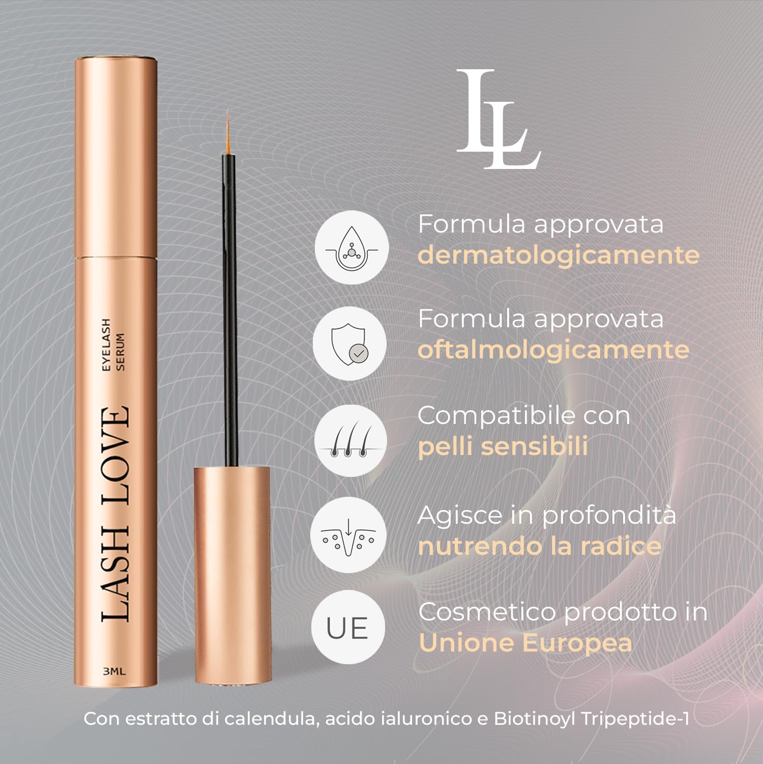 Siero Ciglia Allungante LASH LOVE (3,0 ml) Lash Serum Booster allungante e infoltente per ciglia lunghe e folte.