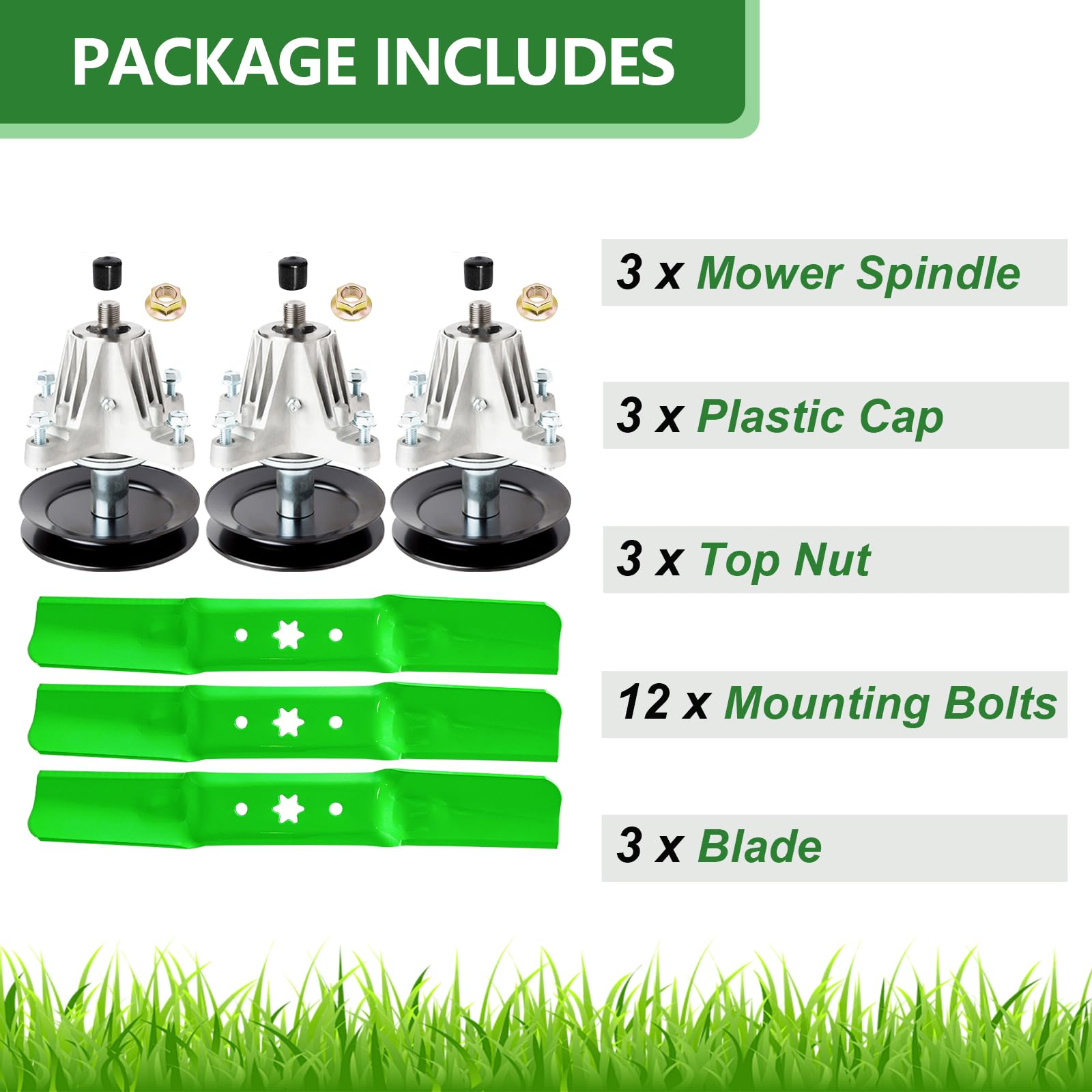 Kit de reconstrucción para cortacésped de 50 cubiertas compatible con MTD Cub Ca det RZT-L50 RZT-S50 G8200 Z550 incluye 3 husillos 618-06980 918-06980, 3 cuchillas 742-05052A 942-05052A