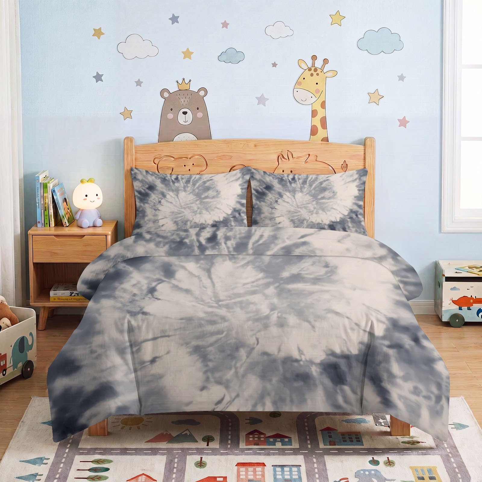 Modna pościel w stylu boho, 155 x 220 cm, pościel dwustronna, szara, modna, batikowa tekstura, z nadrukiem, zestawy pościeli z mikrofibry, z zamkiem błyskawicznym i 1 poszewką na poduszkę 80 x 82 cm