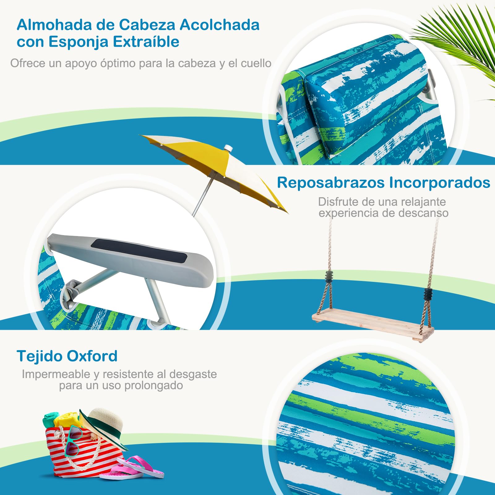 COSTWAY Silla Plegable de Playa, Tumbona con 5 Posiciones, Portavasos, Bolsillos de Almacenamiento, Correas de Hombro, Soporte para Toallas, Almohada, 150kg (Verde+Azul,1)