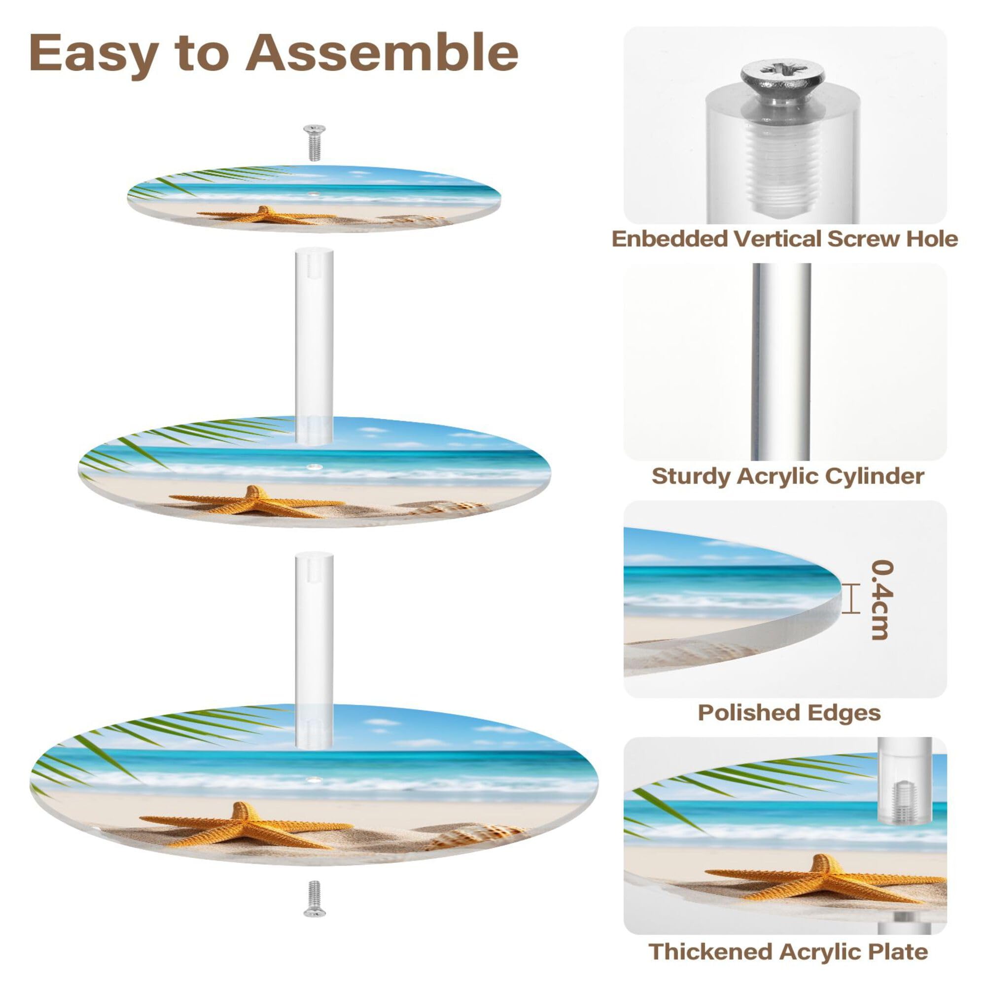 PYBUG Starfish Shell 3 Tier Acrylic Cupcake Stands Tower,Dessert Table Display Set for Tea Party,Wedding,Birthday, Baby Shower