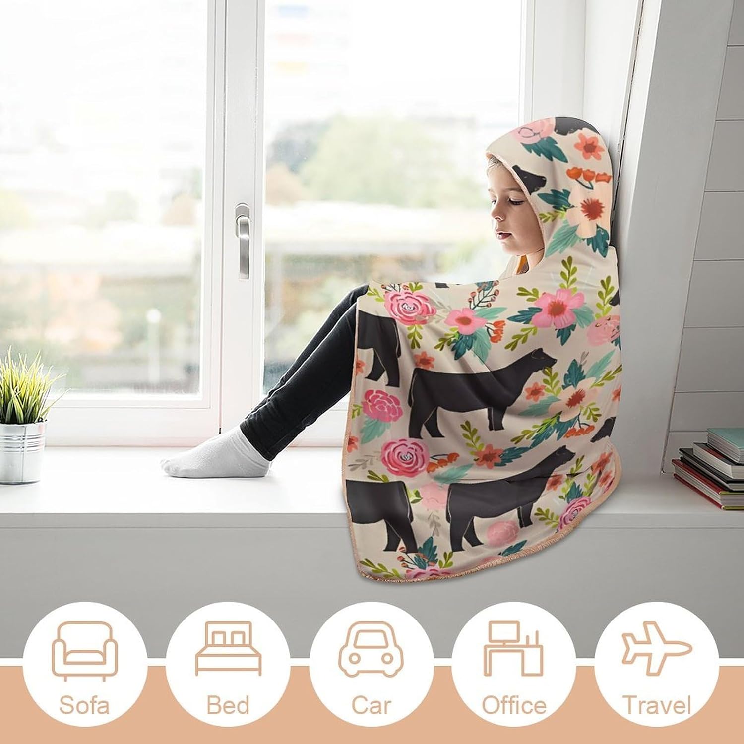 Pink Flower Show Steer Cows Cattle Wearable Fleece Blanket with Hood for Men & Women Oversized Hoodie Blanket Soft Cozy Gift-