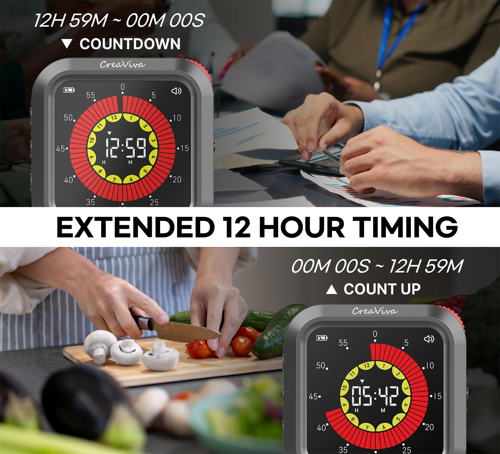Timer digitale visivo, grande display a colori e ricaricabile, retro magnetico e modalità silenziosa, 11 h 59 m, cronometro per ADHD, bambini, aula, cucina, produttività lavorativa (grigio)