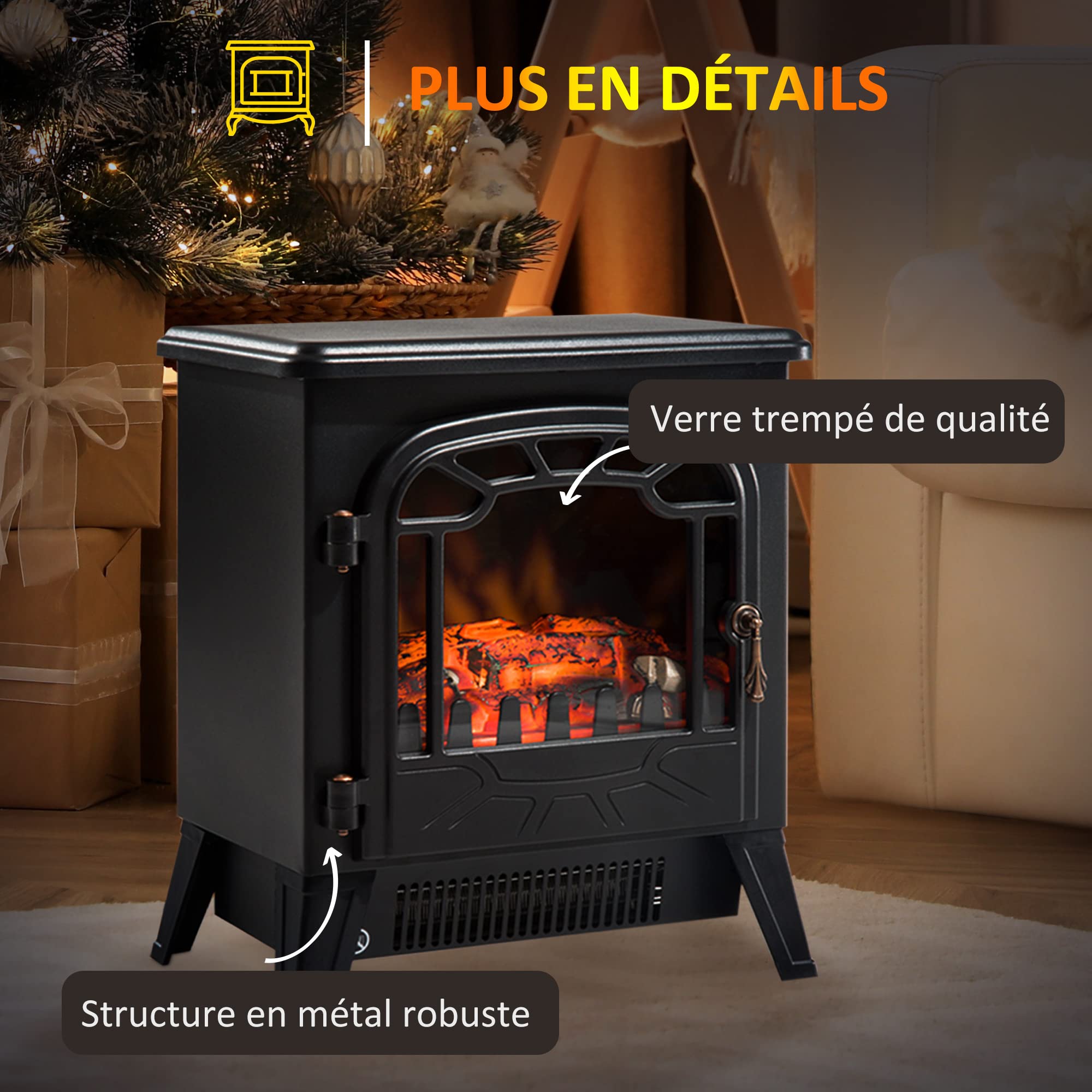 HOMCOM Cheminée électrique radiateur Imitation Flamme avec luminosité et réglable 925 W / 1850 W Porte métal Verre trempé Noir