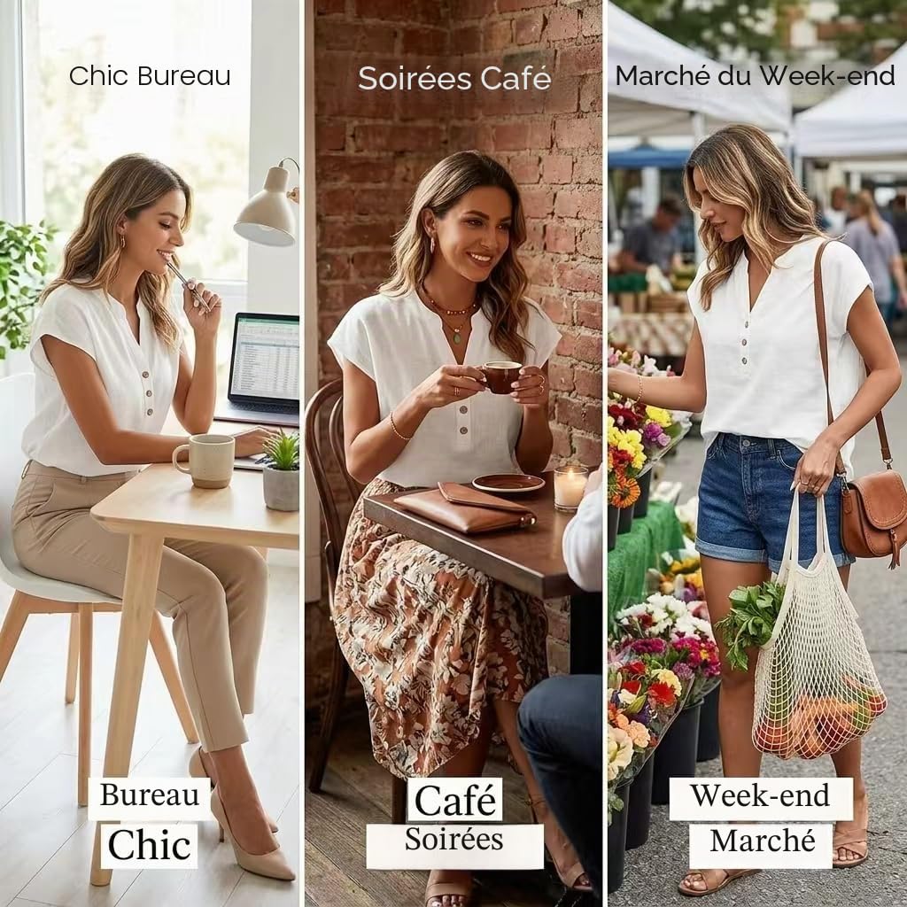 YUTILA Chemisier d'été Henley à manches courtes en coton et lin pour femme