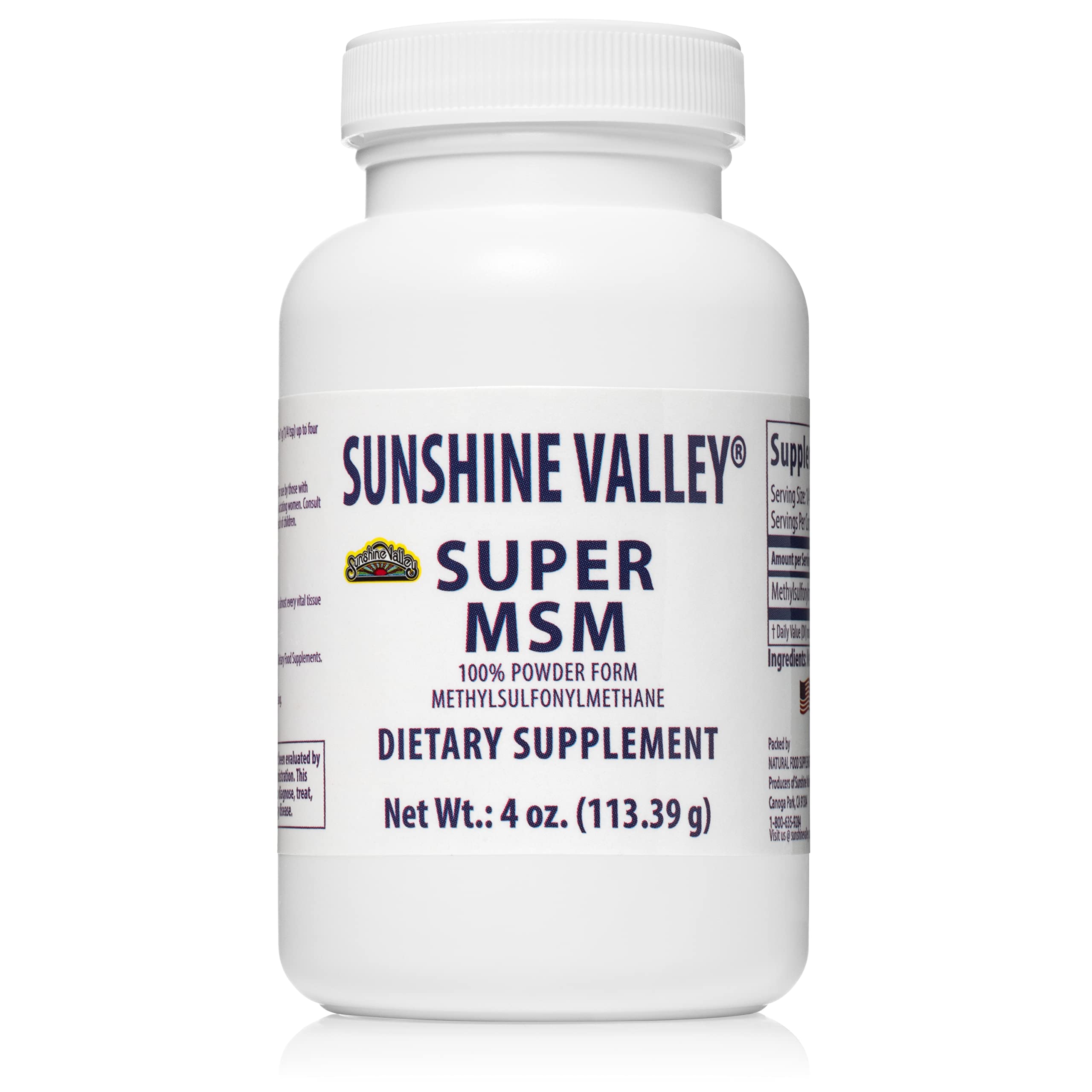 Sunshine Valley Super MSM Powder (Methylsulfonylmethane), Unflavored, 4 oz 4 Ounce (Pack of 1)