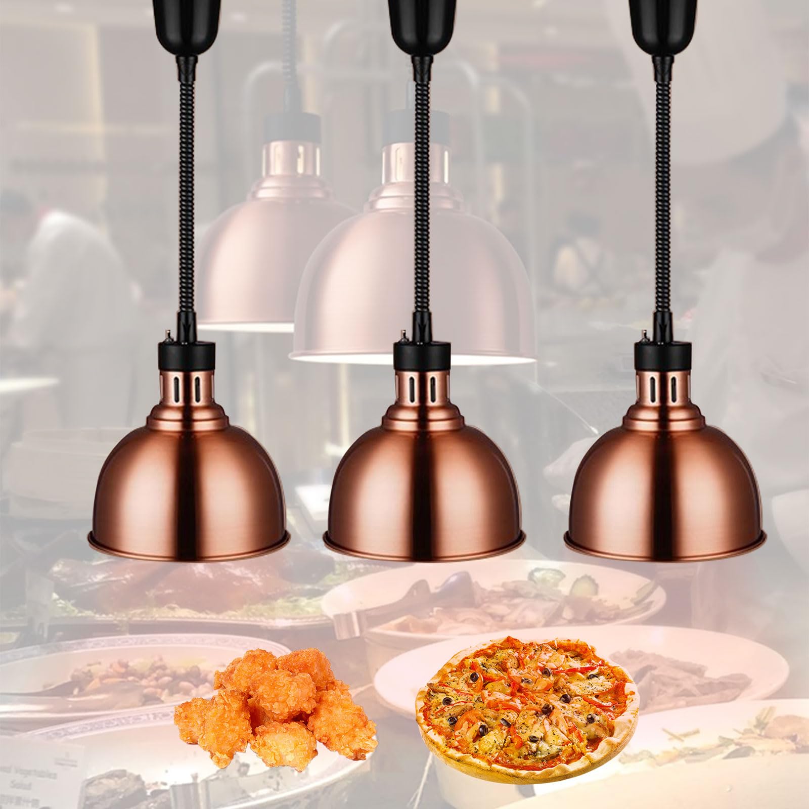 Lampe Chauffante de Cuisine, Lampe Chauffe-Plats Buffet avec Ampoule 250w, Lampe Infrarouge Chauffante Restaurant pour Steak Pizza, Hauteur Réglable 65-170cm (3 pcs)