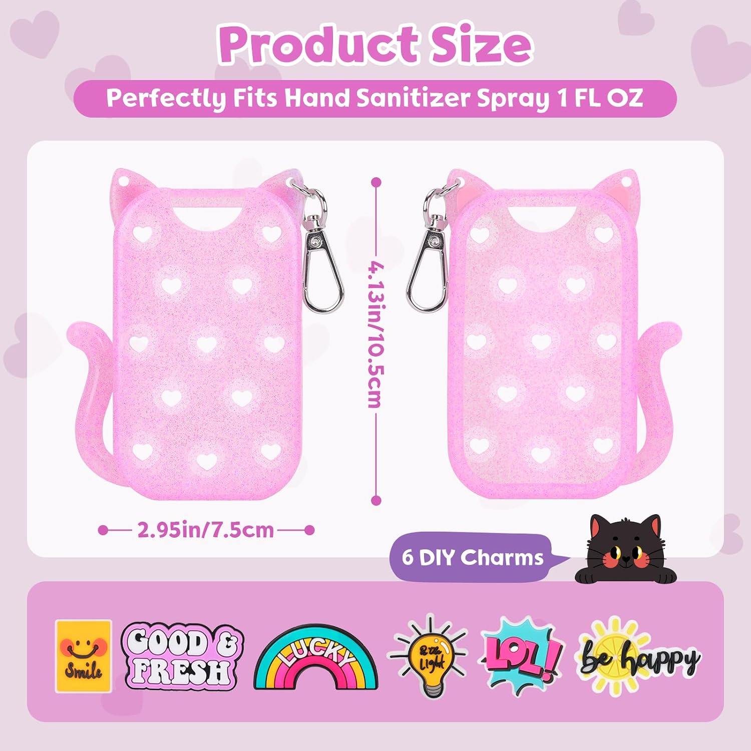 FunisFun Glitter Silicone Holder Case Compatible with Hand Sanitizer Spray 1 Fl. OZ., Cat-shaped Case Keychain with 6 Charms image 2