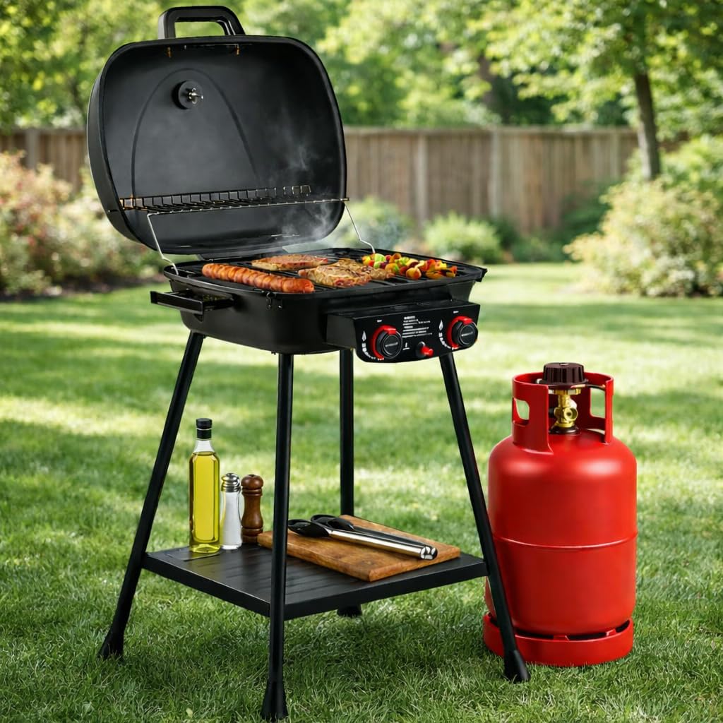 Barbecue a gas 2 fuochi bbq con griglie in ghisa e accensione piezo e mensola portaoggetti - compatto e stabile h. 90,3cm