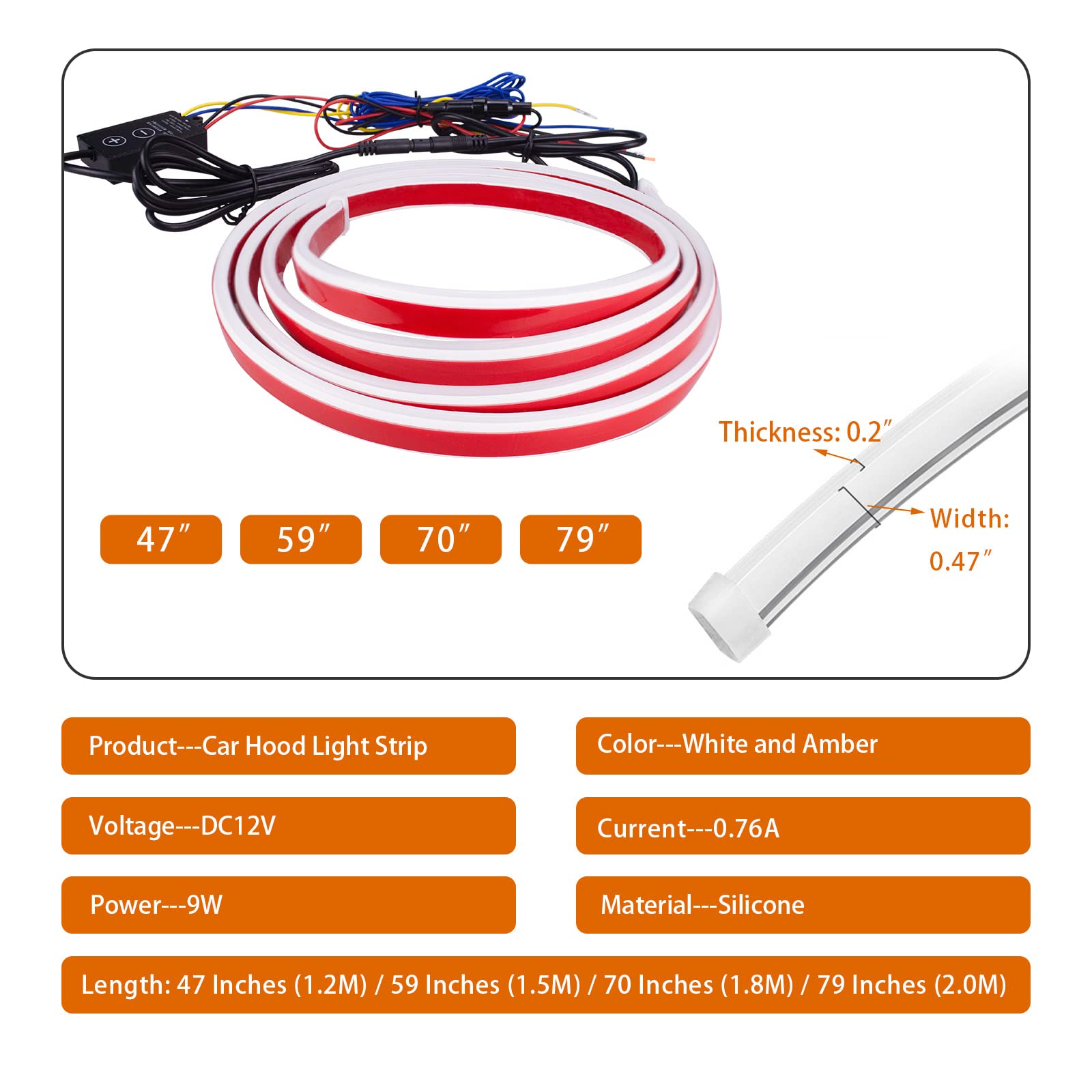Car Hood Light Strip 200CM White Exterior Car LED Strip Lights for Hood Flexible Waterproof Dynamic Scan Sequential Turn Signal Amber DC12V Daytime Running Lights with Remote for Cars, Trucks — view 6