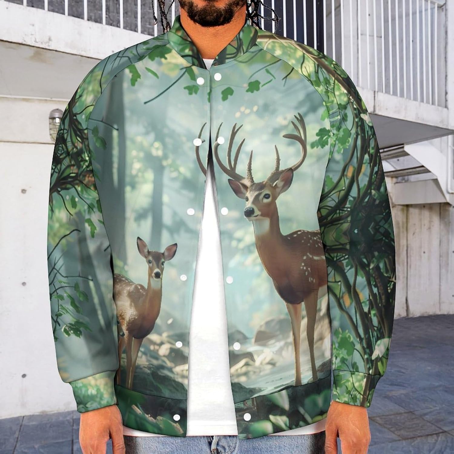 Woodlands Deer Novelty Men's Baseball Jackets Causal Sweatshirt Button Top Long Sleeve Coat