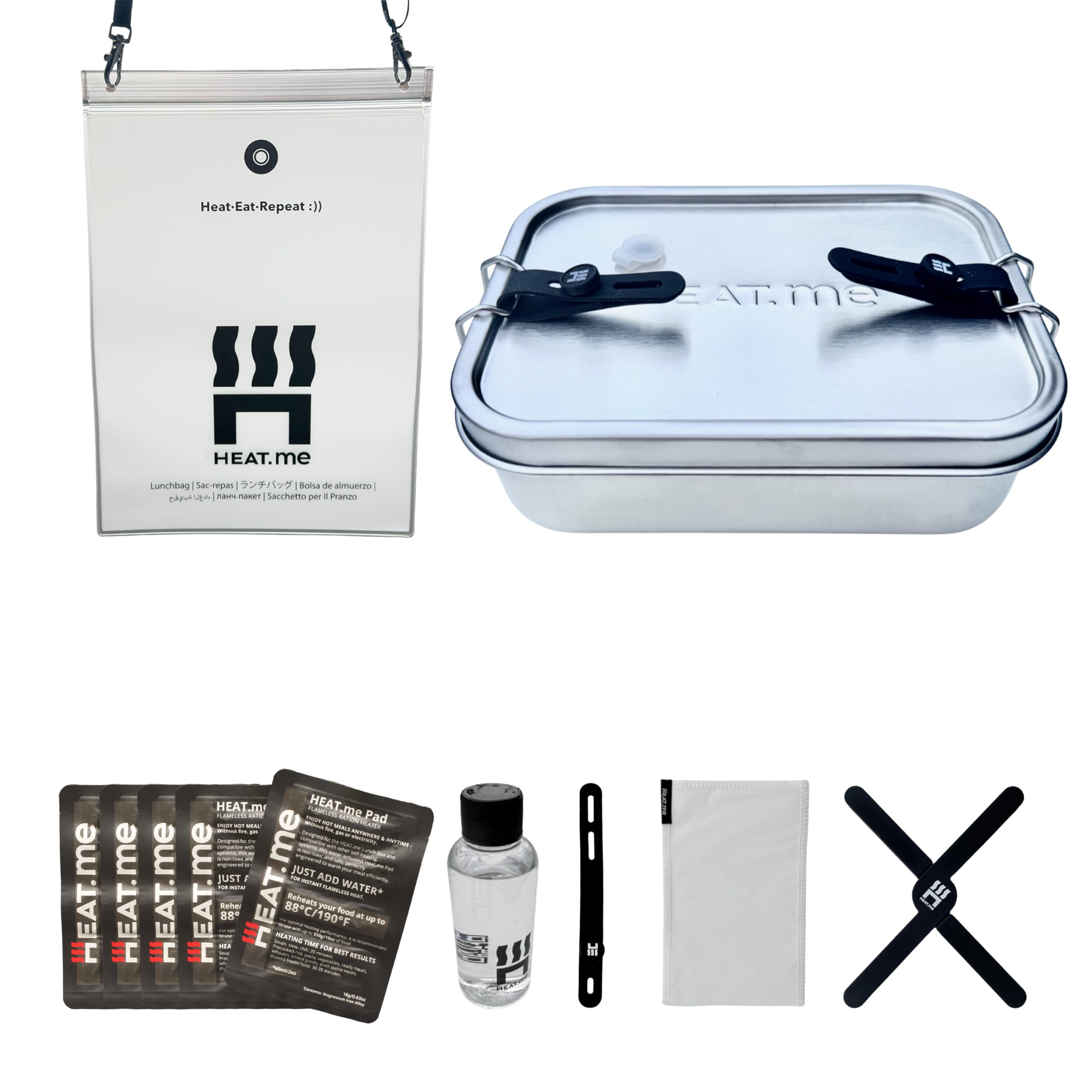 HEAT.ME Premium Lunch Box Kit, Self-Warming Stainless Steel Lunch Box, 800 ml, Heats Food Without Electricity, Gas or Fire, 5 Heating Pads Included