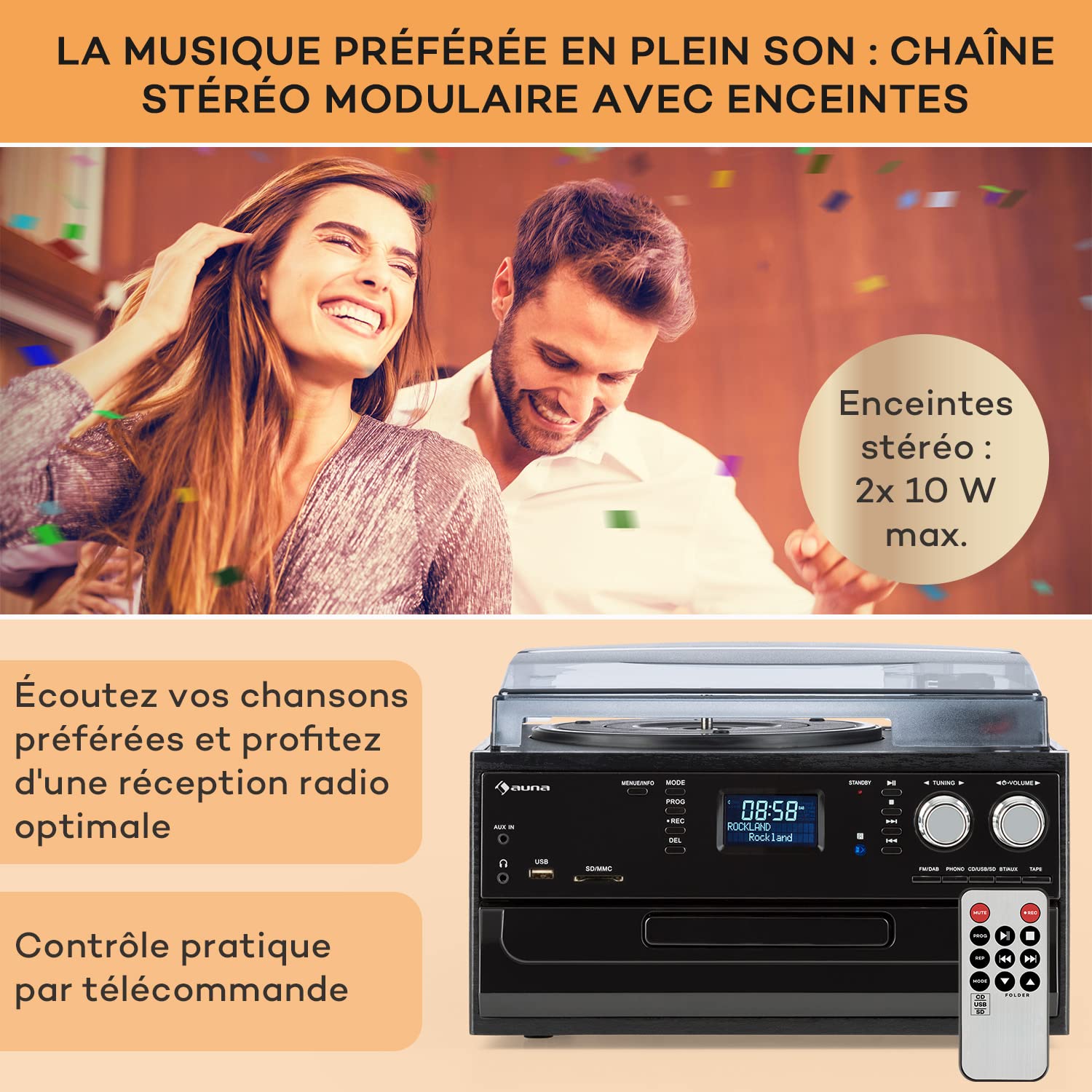 Auna Platine Vinyle Bluetooth, Tourne-Disque CD avec Haut-Parleur, 33 Tours, Chaîne HiFi Rétro Vintage, Lecteur Audio Bluetooth
