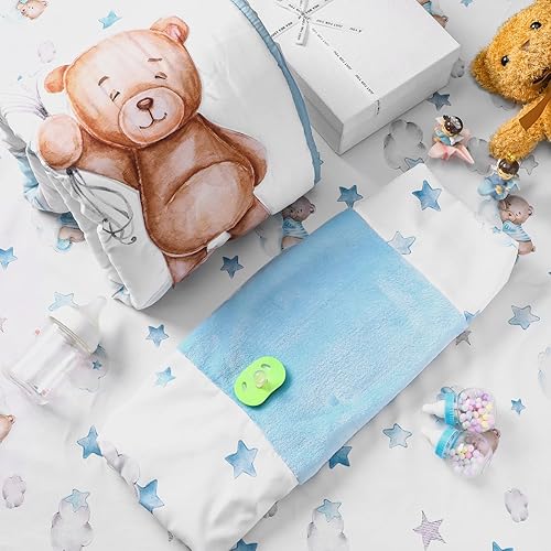 Miniatura 5 de Mixweer Juego de ropa de cama de 5 piezas con temática de oso de nube y calcomanías de pared, mini juego de edredón azul de género neutro para cuna,